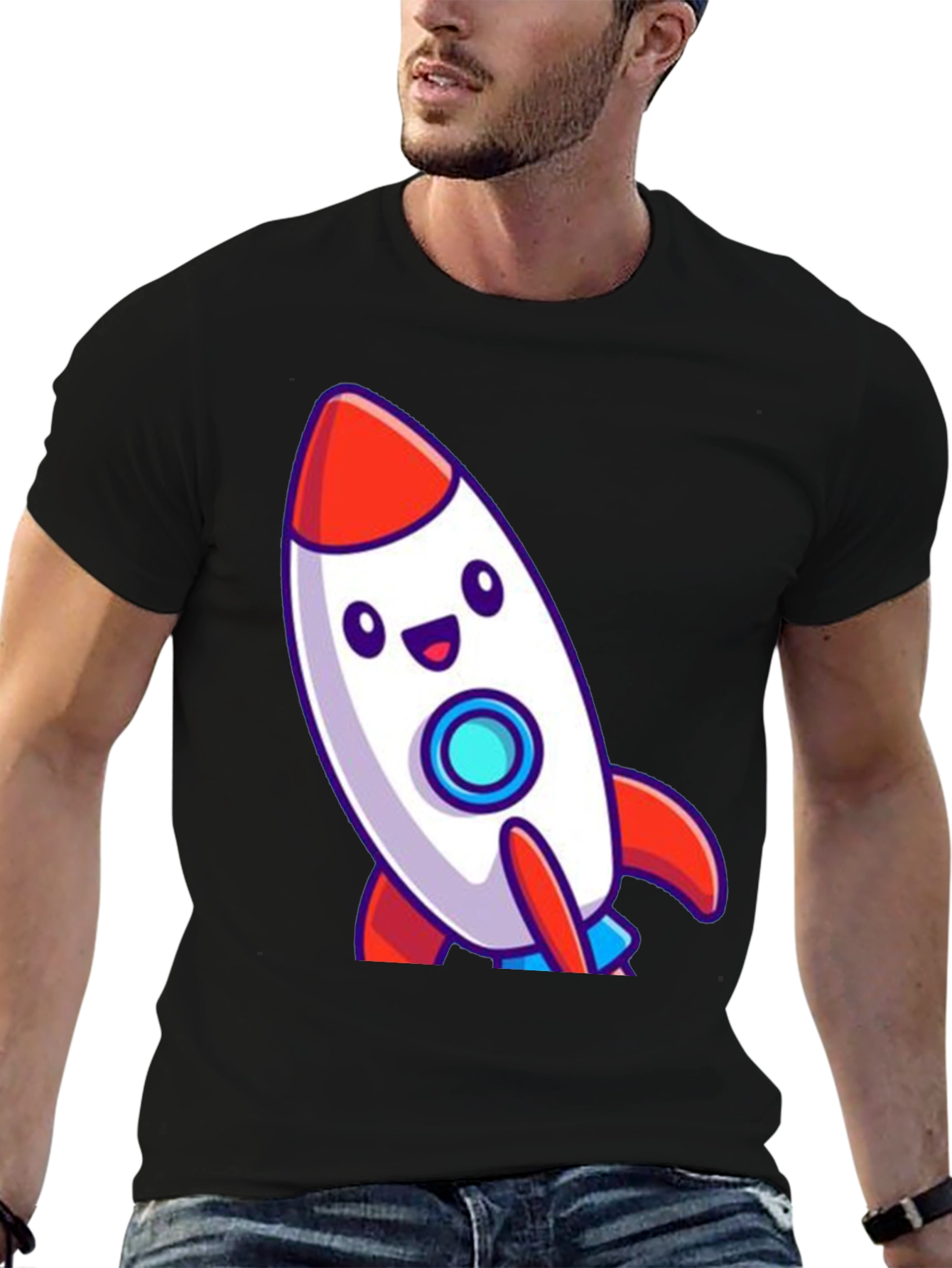 Cute Cartoon Rocket T-Shirt - Black Cotton Blend