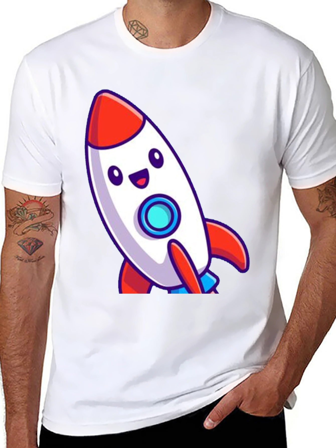Cute Cartoon Rocket T-Shirt - Black Cotton Blend