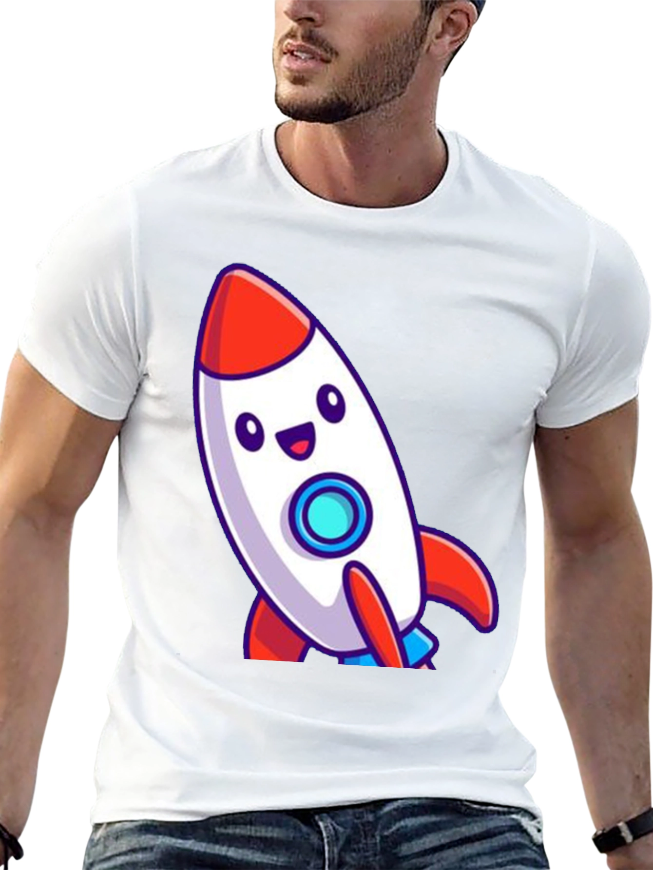 Cute Cartoon Rocket T-Shirt - Black Cotton Blend