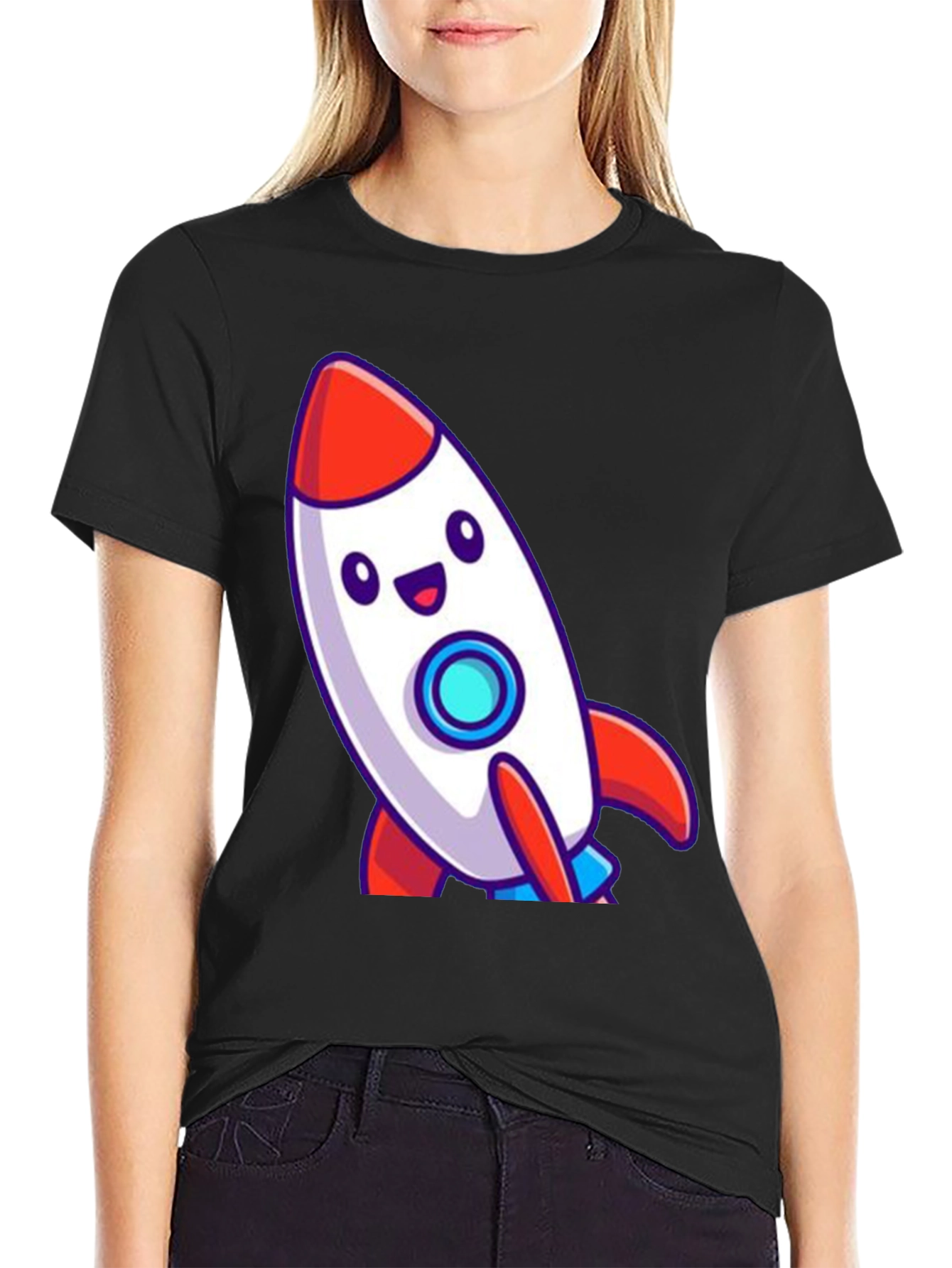 Cute Cartoon Rocket T-Shirt - Black Cotton Blend