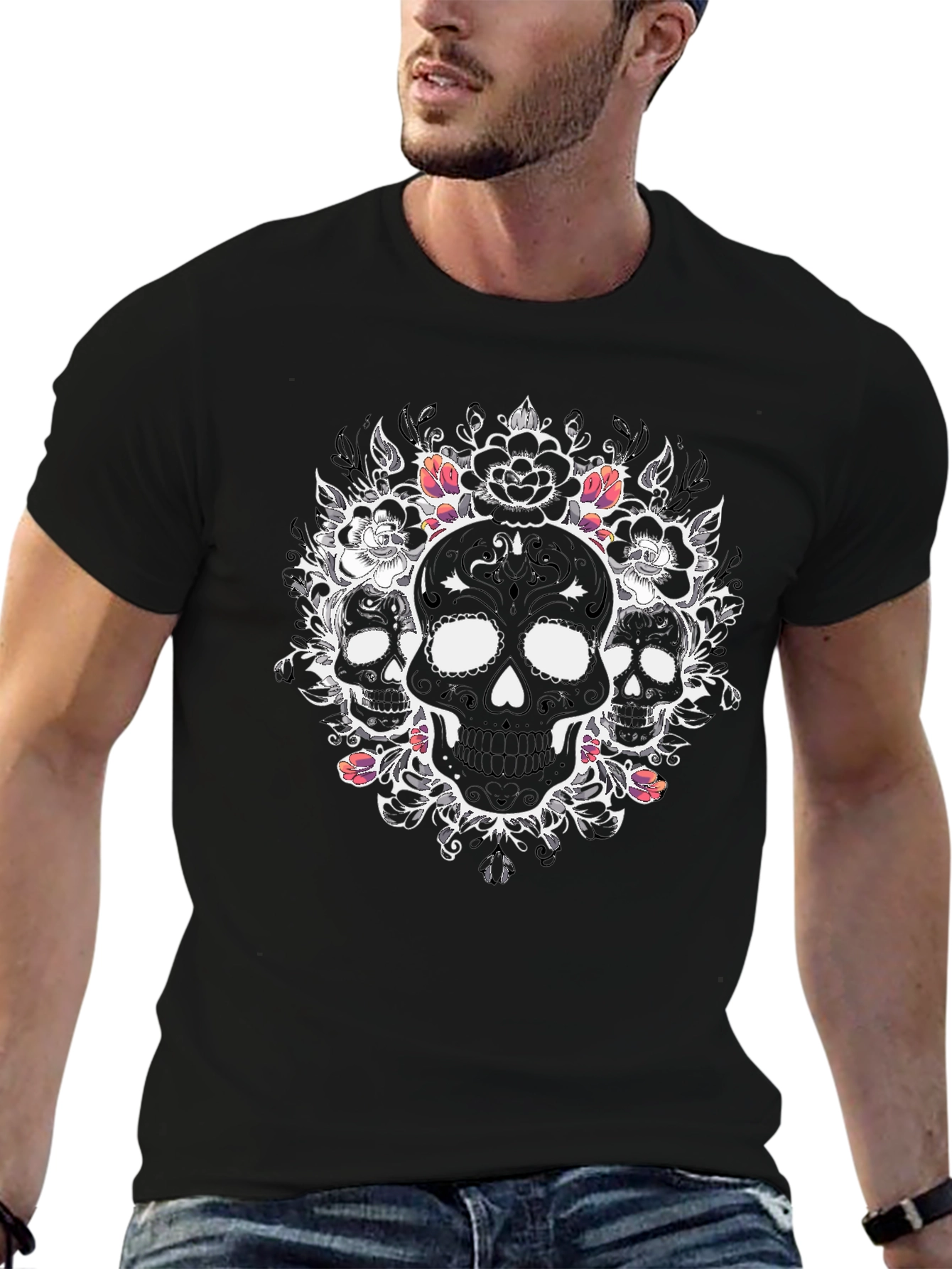 Skull Floral Graphic Tee - Mens Black T-Shirt
