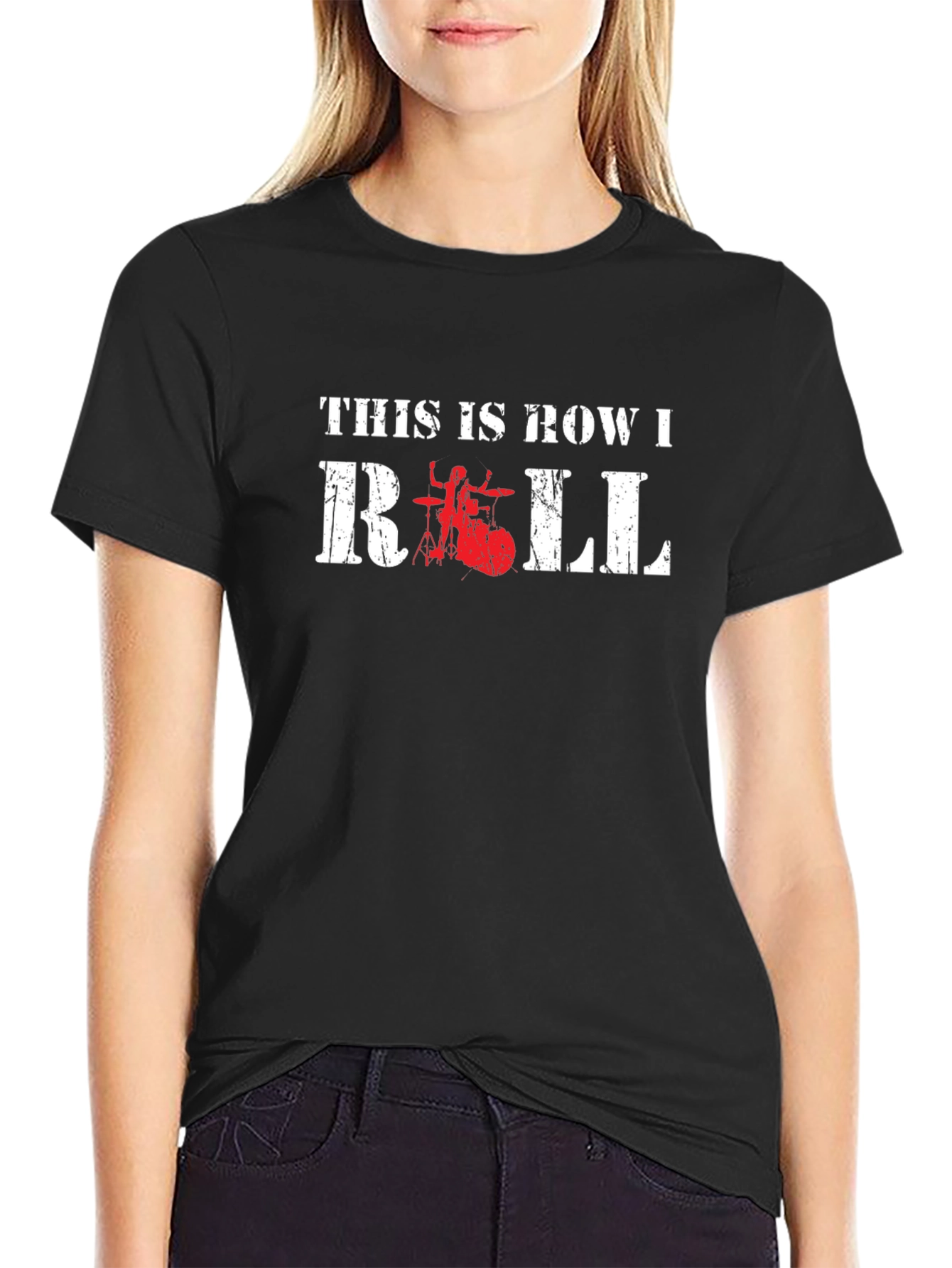 Row I Roll Black T-Shirt - Drummer Design