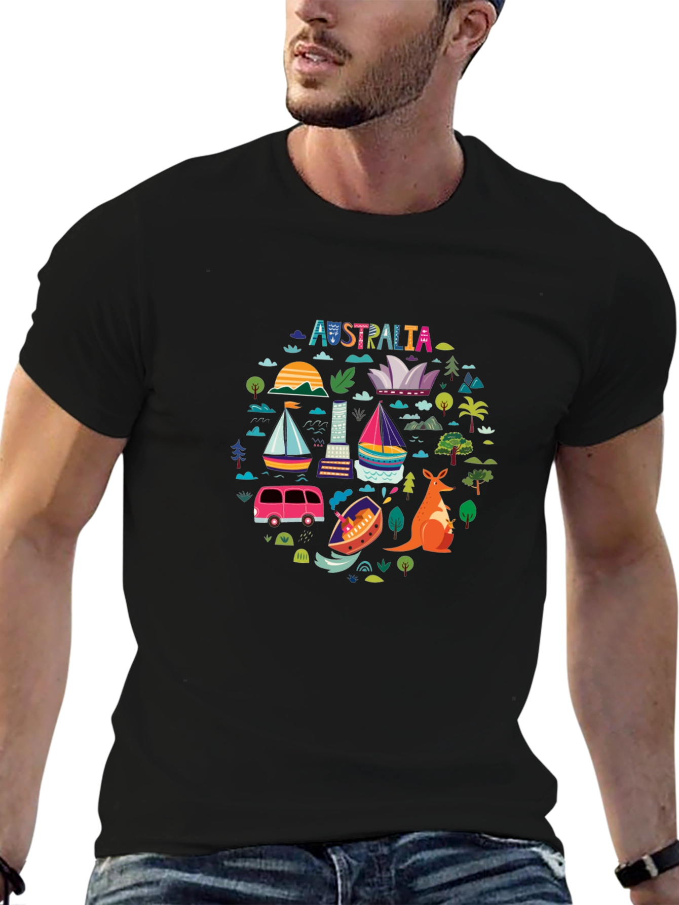 Australia Landmarks Graphic Tee - Black Crewneck