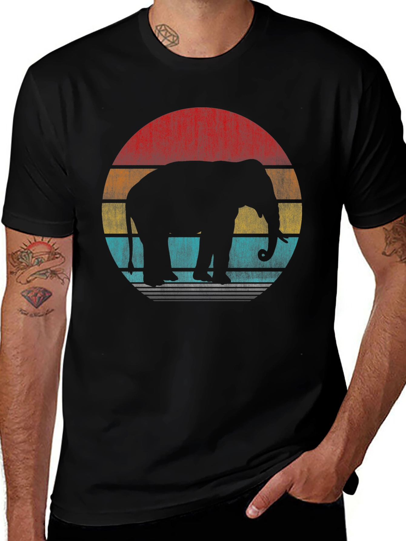 Retro Elephant Sunset T-Shirt - Black