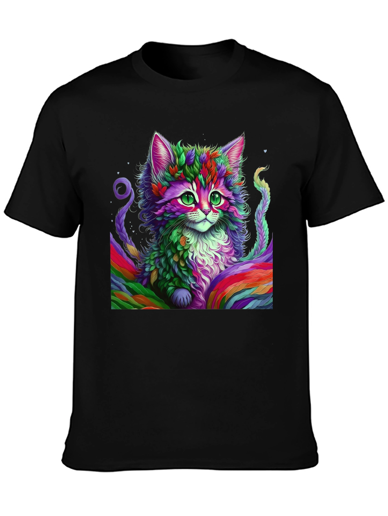 Rainbow Cat Graphic Tee - Black Cotton T-Shirt