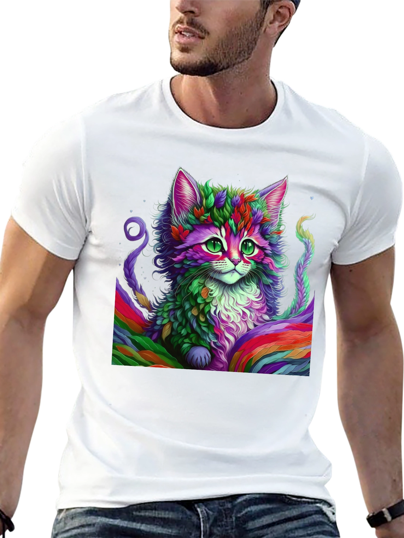 Rainbow Cat Graphic Tee - Black Cotton T-Shirt