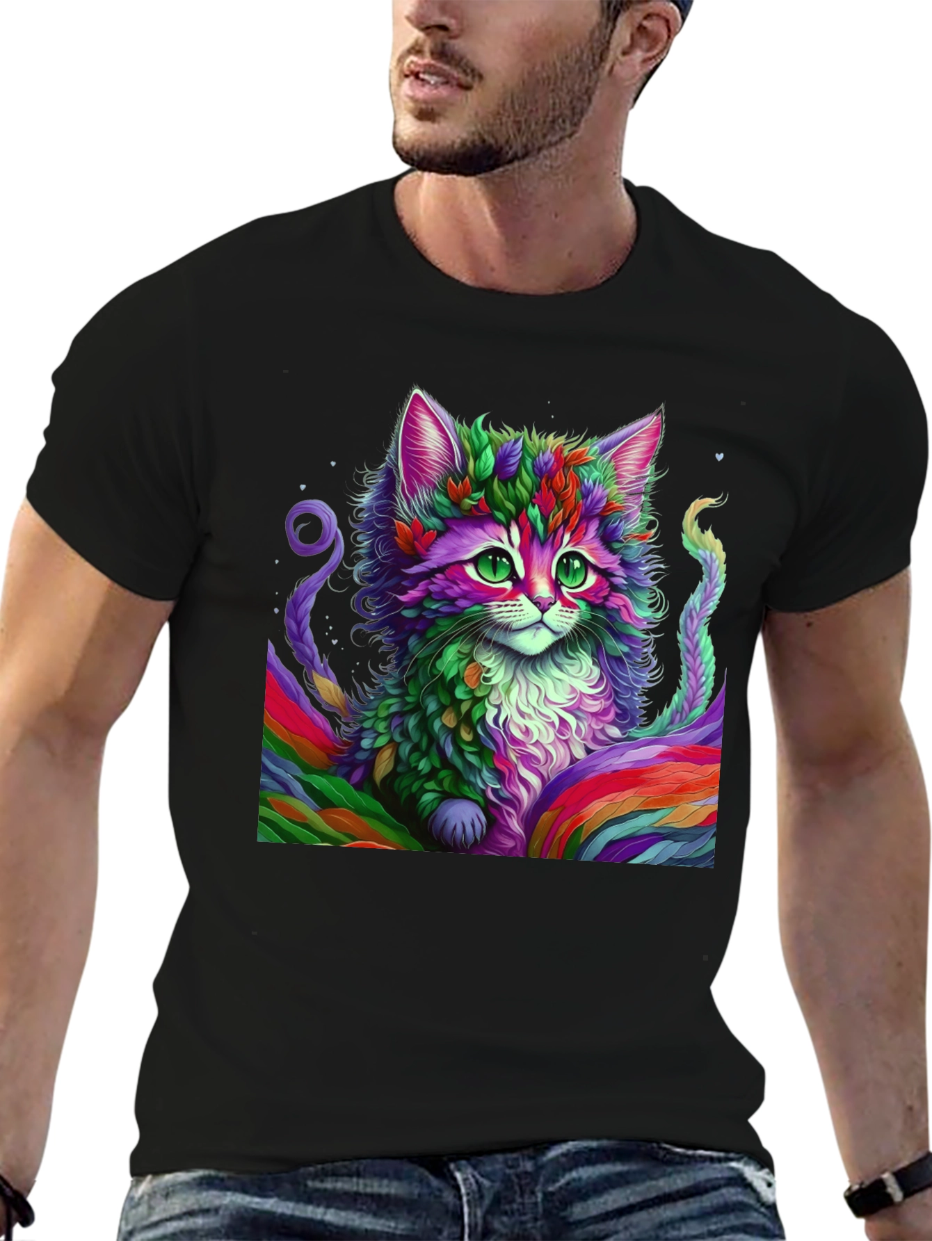 Rainbow Cat Graphic Tee - Black Cotton T-Shirt