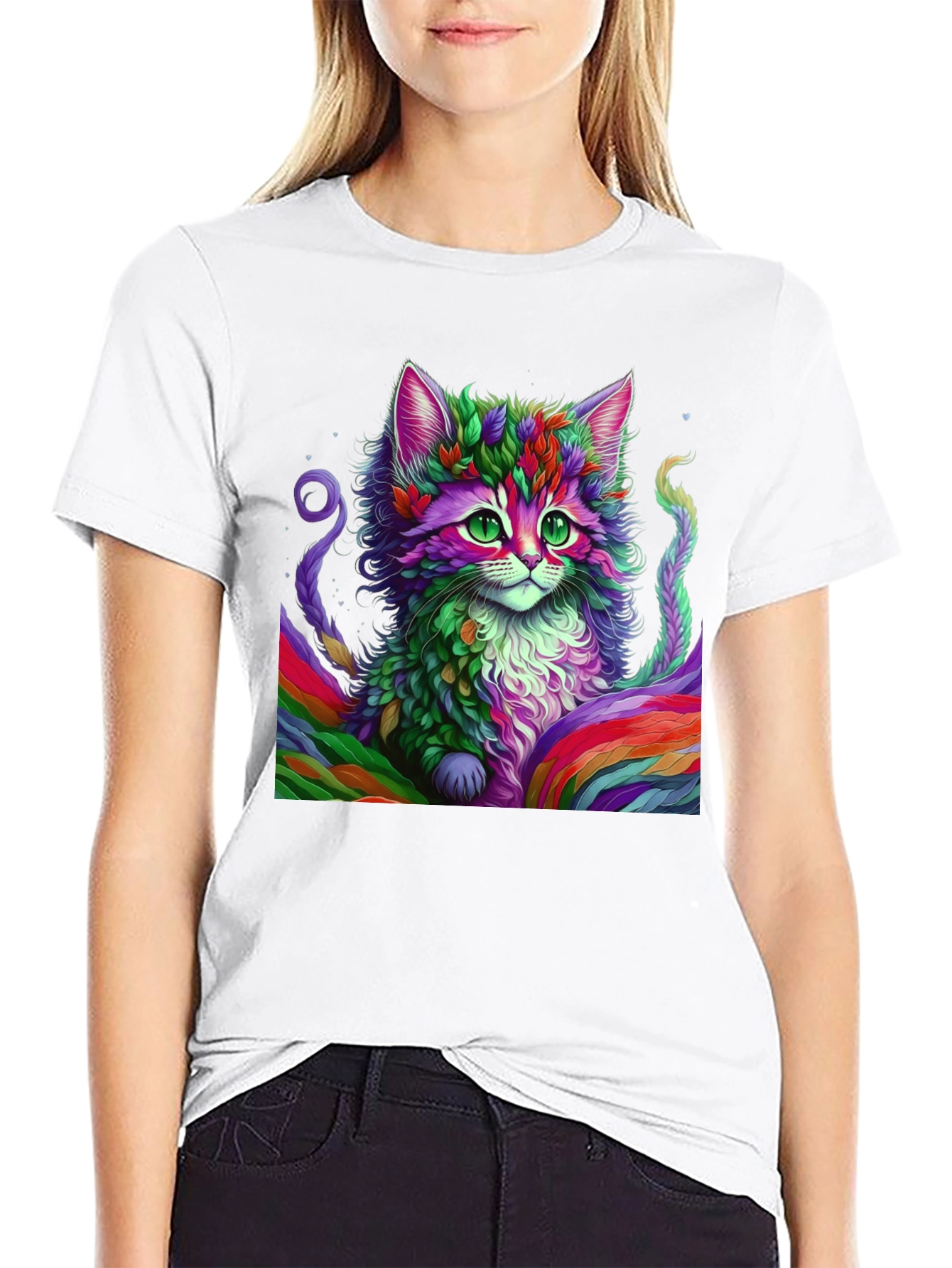 Rainbow Cat Graphic Tee - Black Cotton T-Shirt
