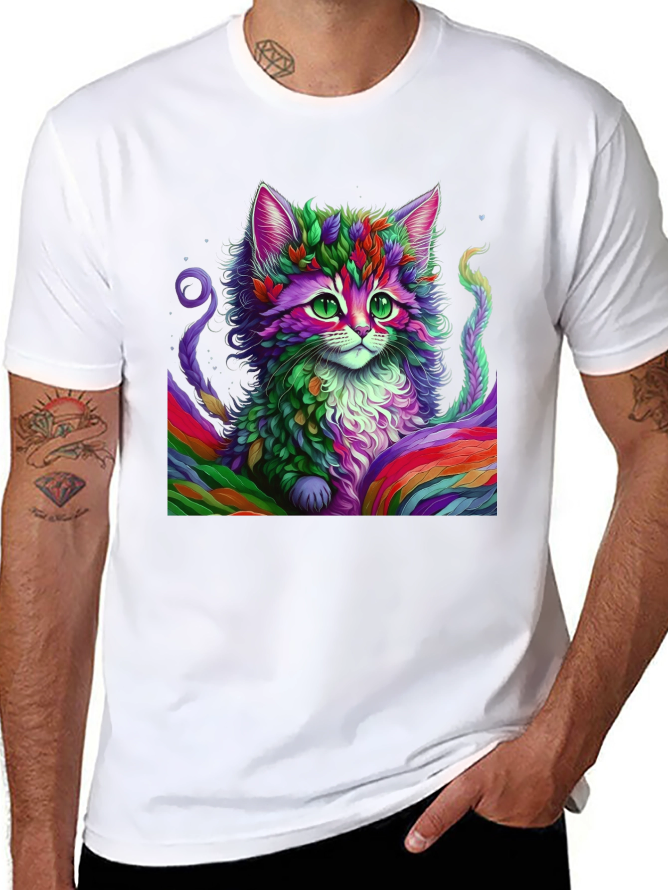 Rainbow Cat Graphic Tee - Black Cotton T-Shirt