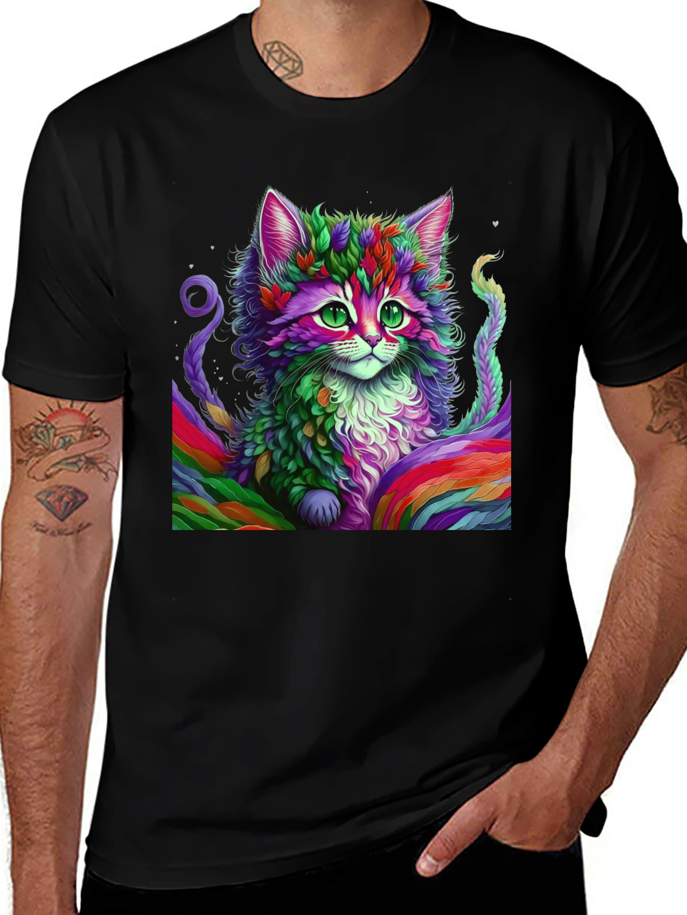 Rainbow Cat Graphic Tee - Black Cotton T-Shirt