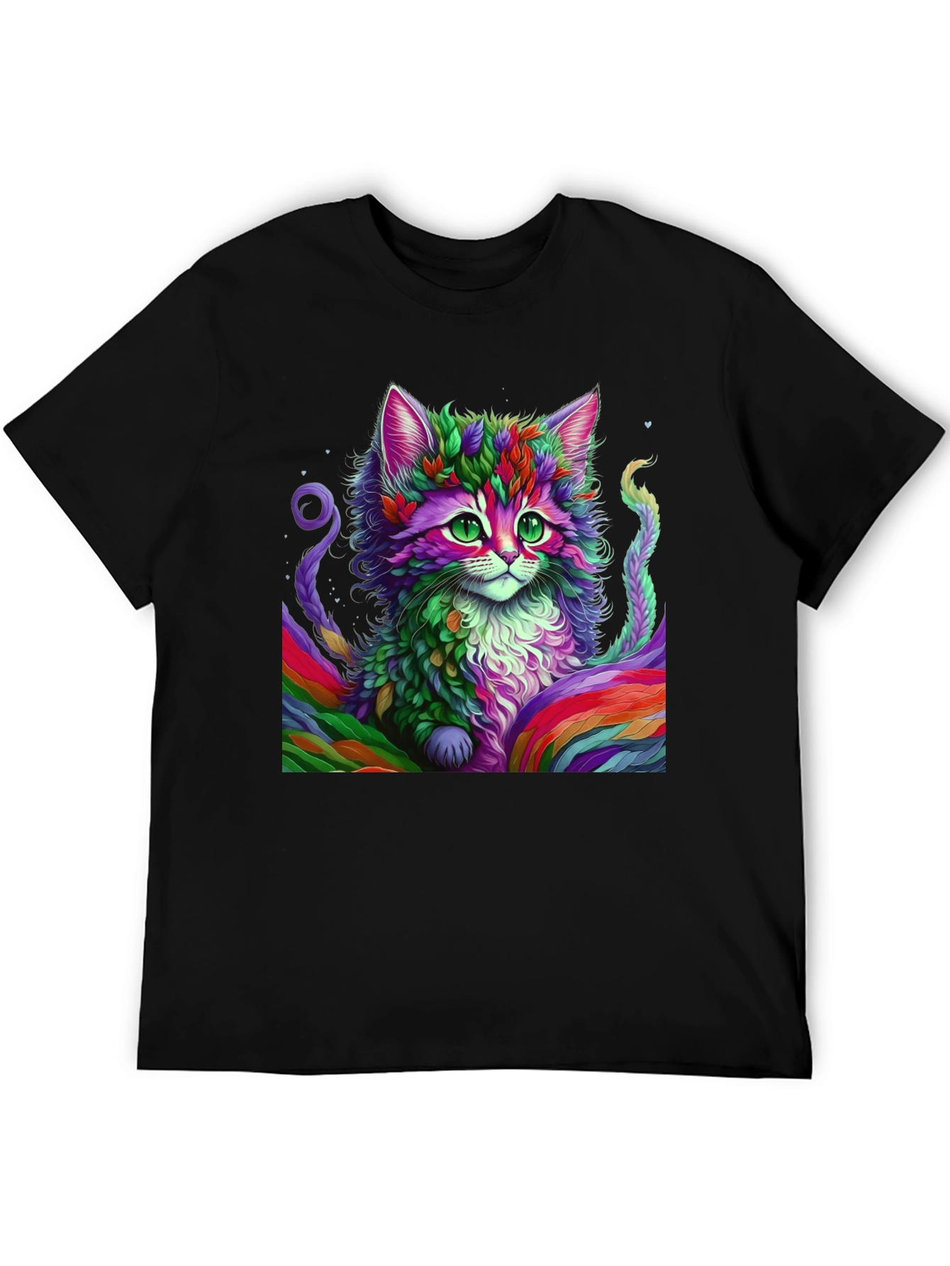 Rainbow Cat Graphic Tee - Black Cotton T-Shirt
