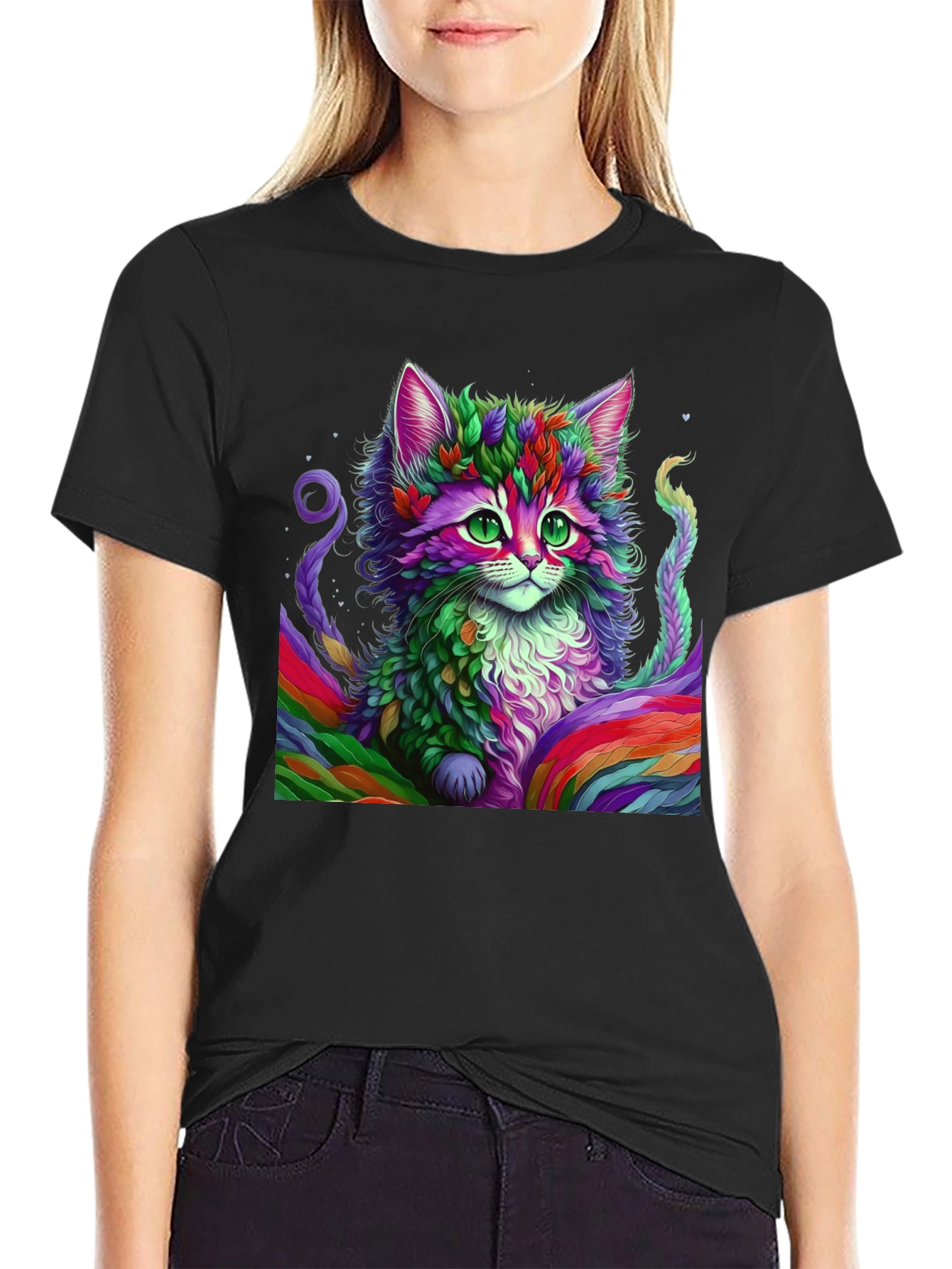 Rainbow Cat Graphic Tee - Black Cotton T-Shirt