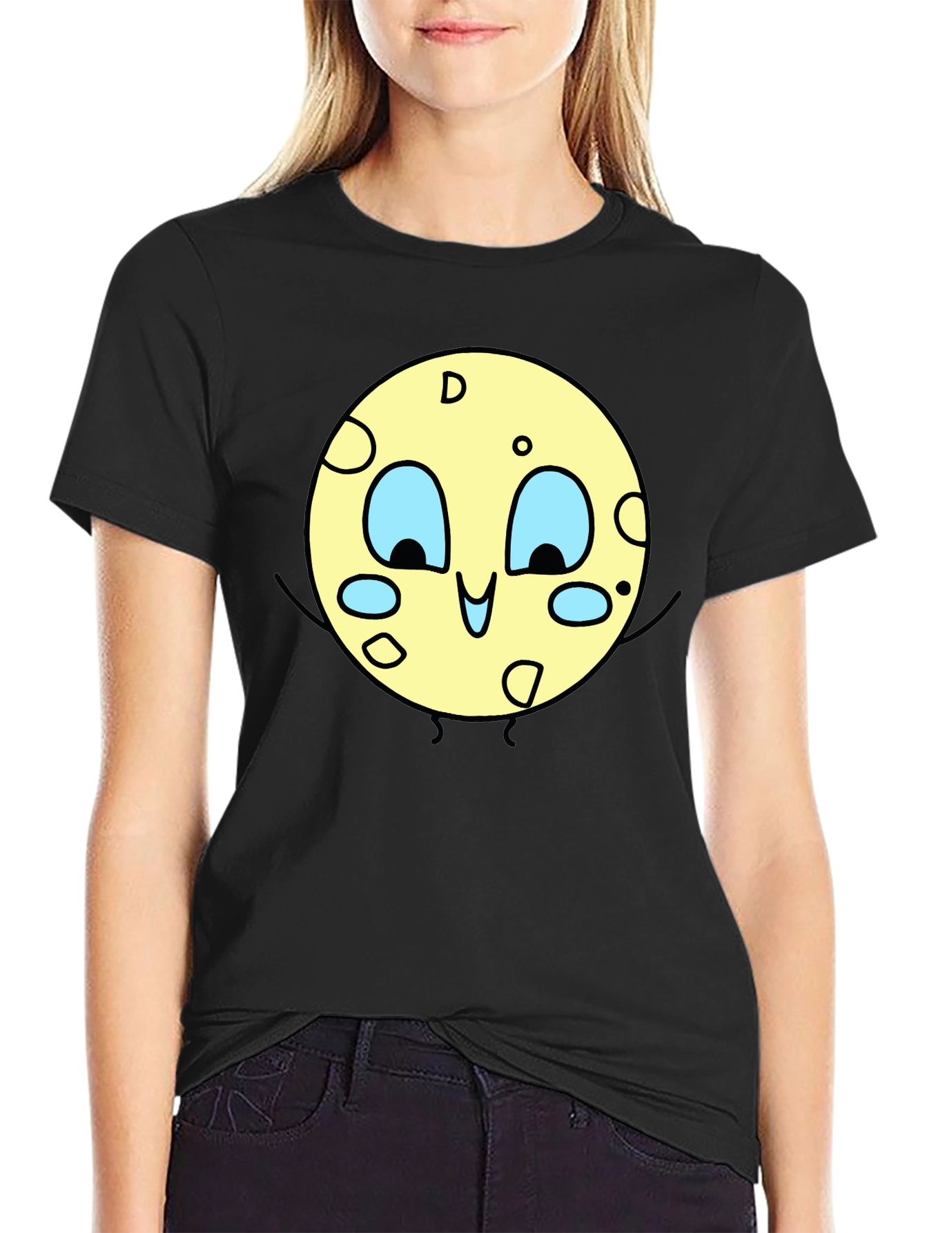 Cartoon Moon Graphic Black T-Shirt