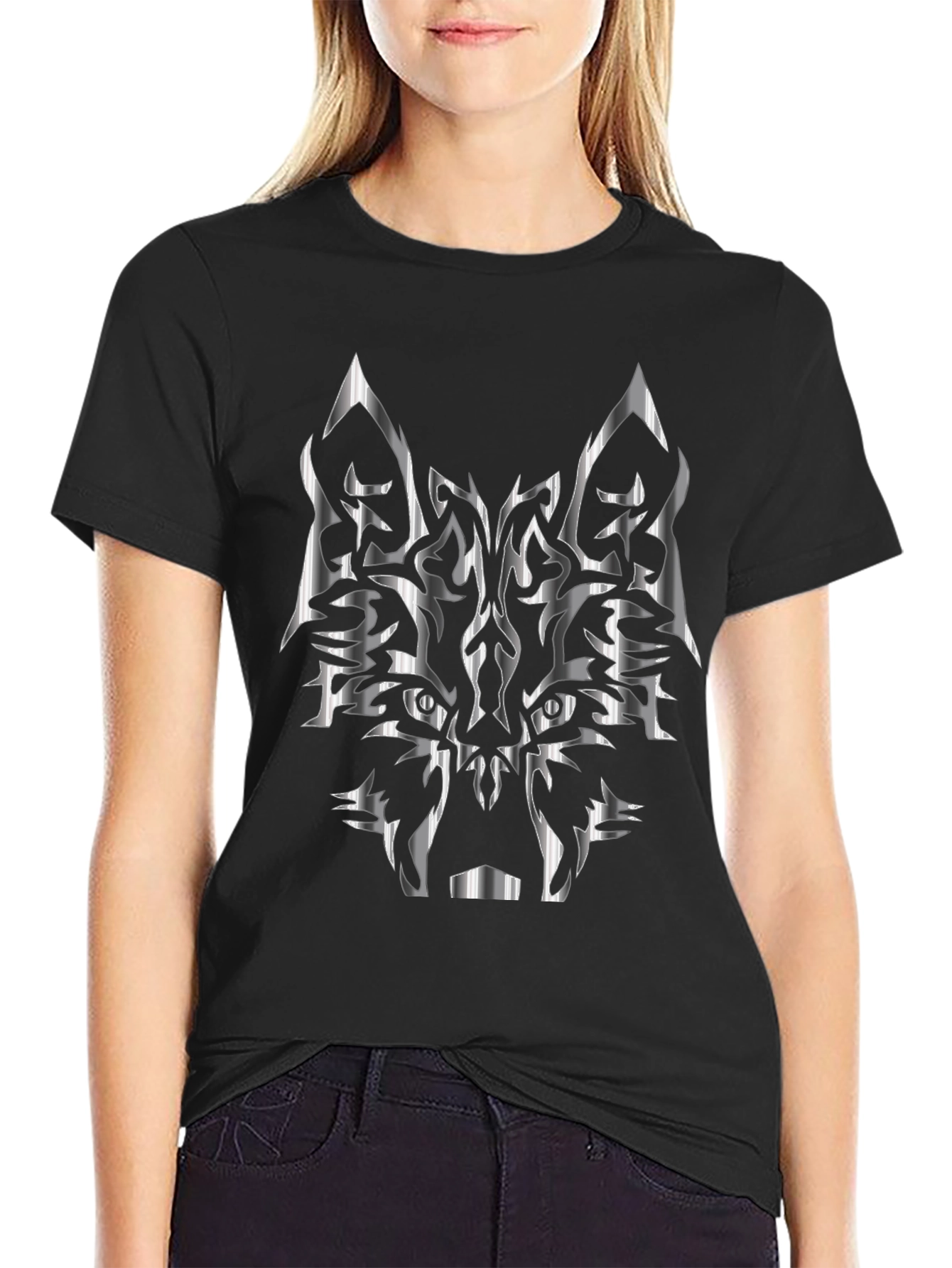 Tribal Wolf Graphic Black T-Shirt