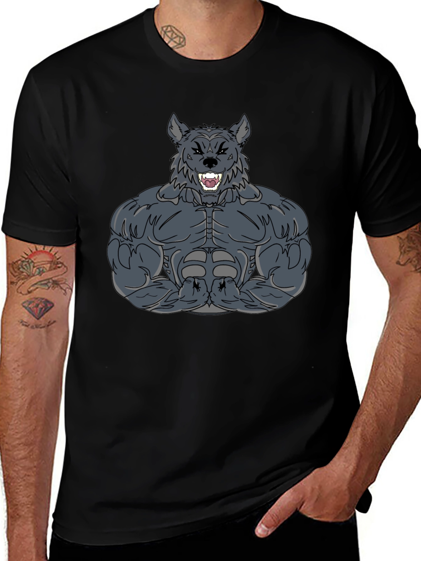 Muscle Wolf Graphic Tee - Black Cotton T-Shirt