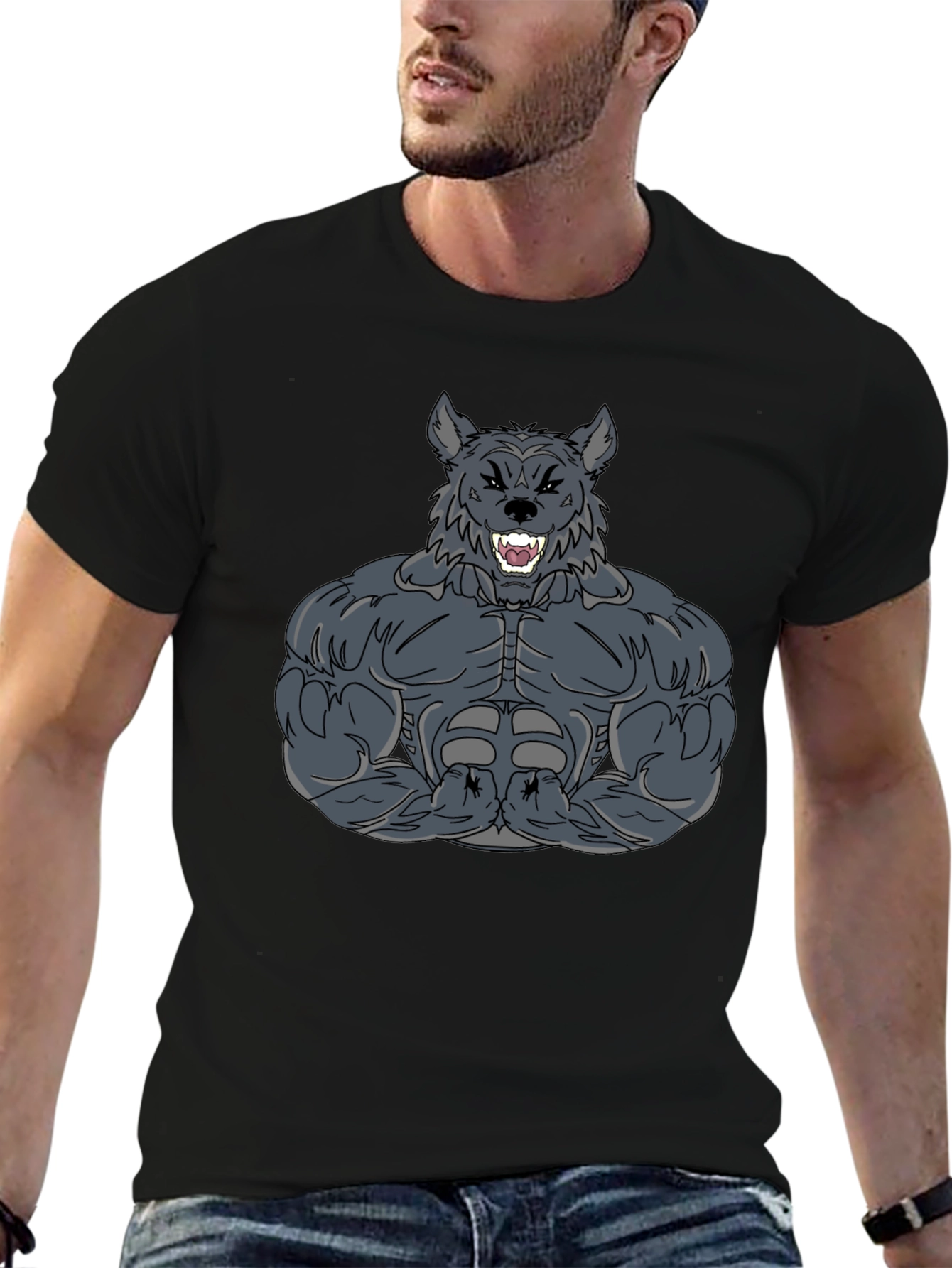 Muscle Wolf Graphic Tee - Black Cotton T-Shirt