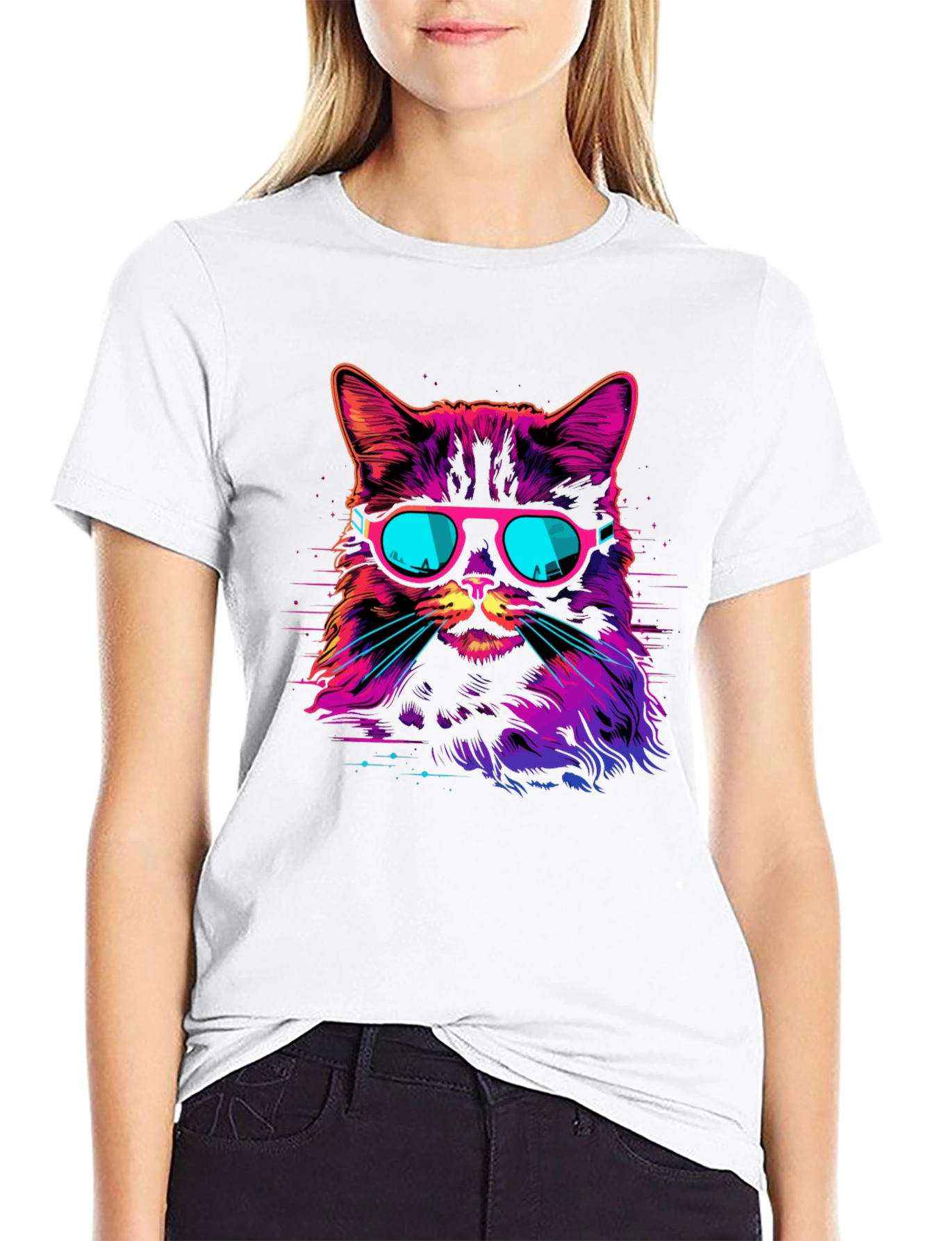 Retro Neon Cat Graphic T-Shirt