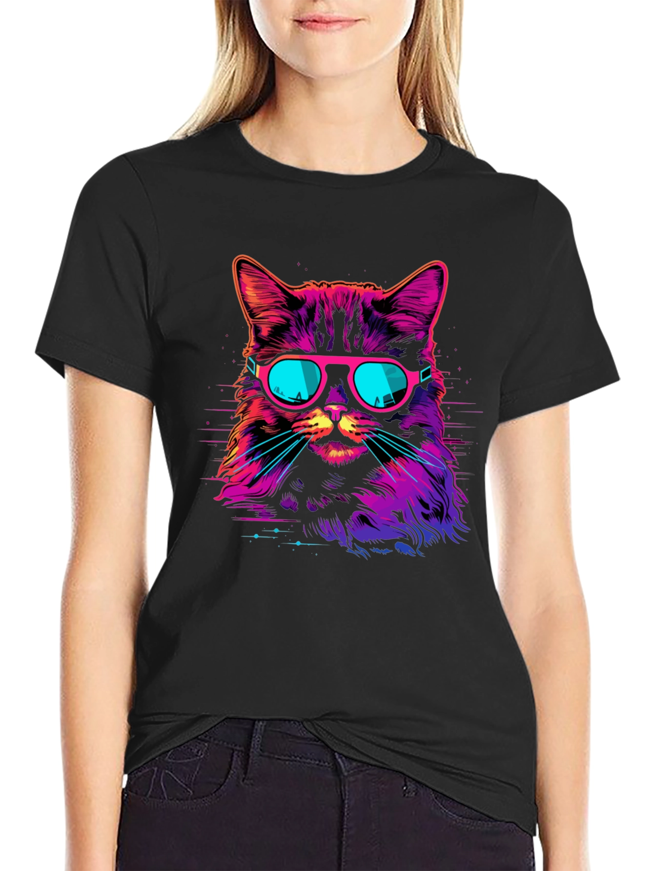 Retro Neon Cat Graphic T-Shirt