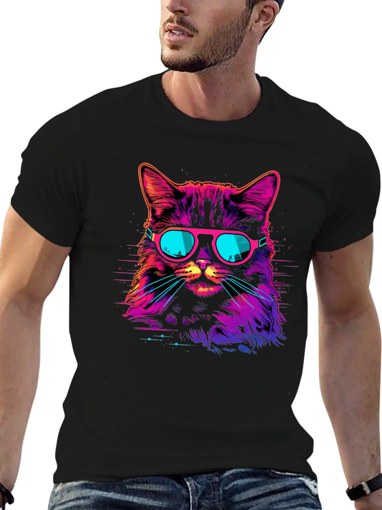 Retro Neon Cat Graphic T-Shirt