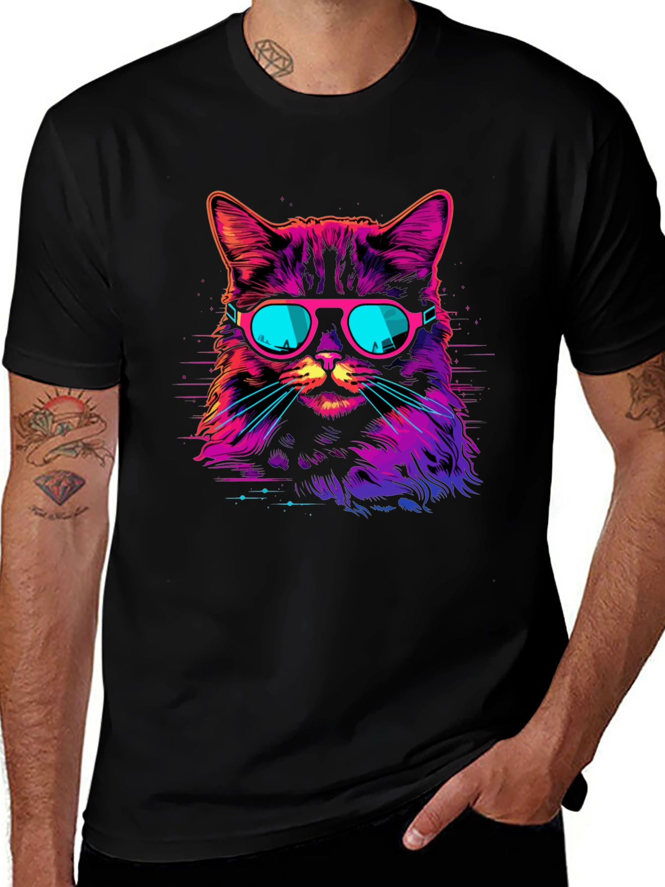 Retro Neon Cat Graphic T-Shirt