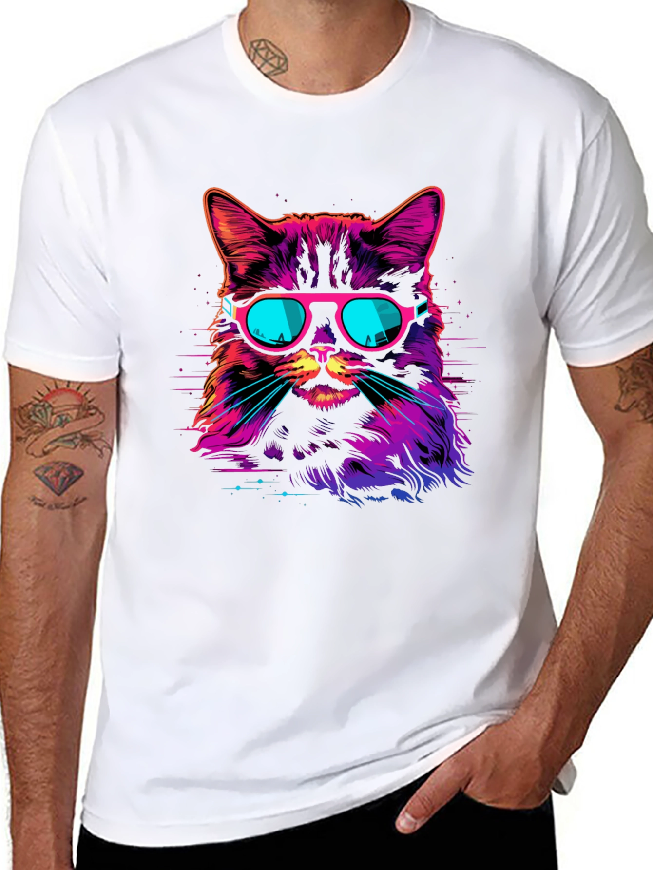 Retro Neon Cat Graphic T-Shirt