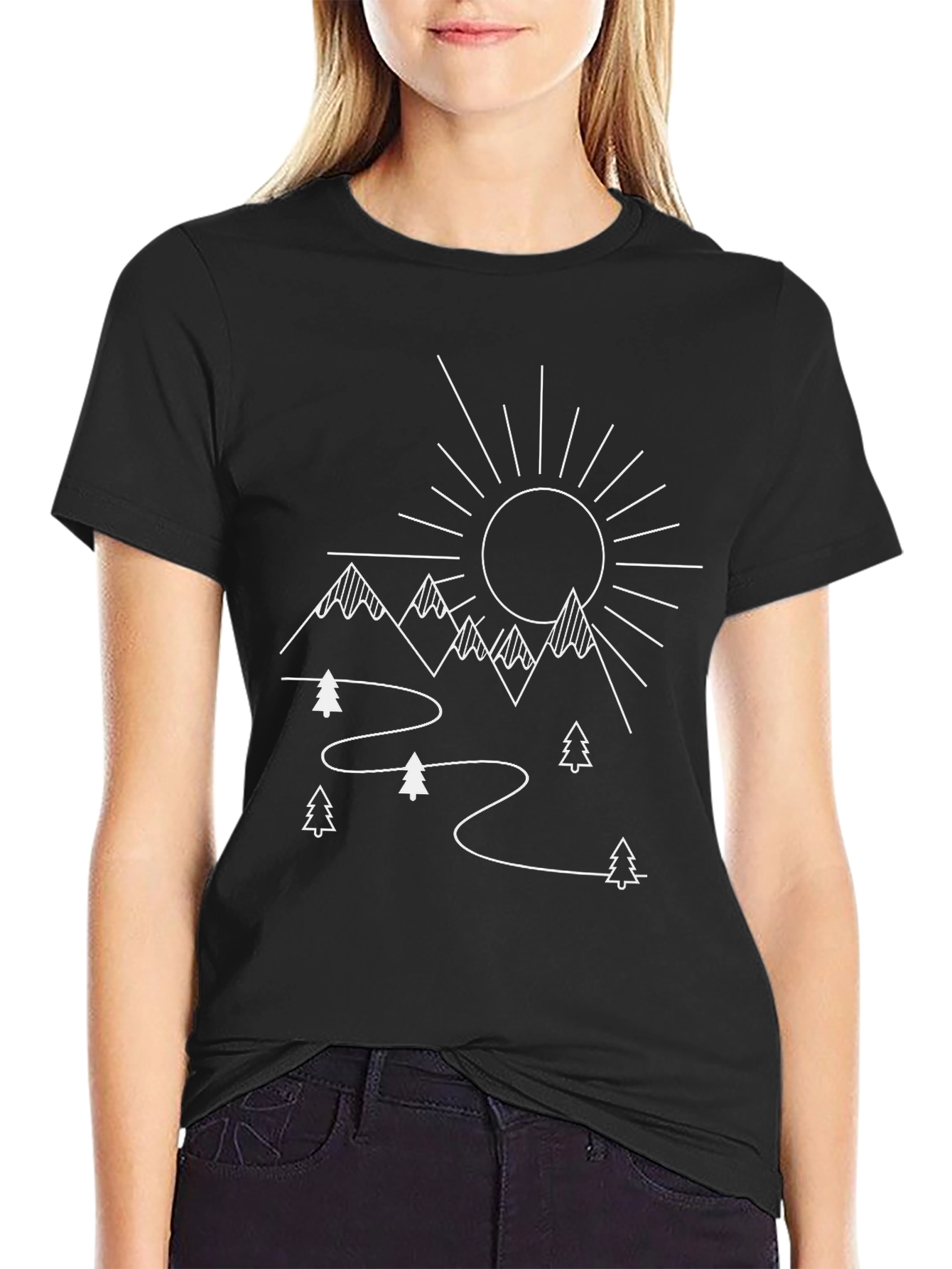 Mountain Scene Graphic Tee - Black Cotton T-Shirt