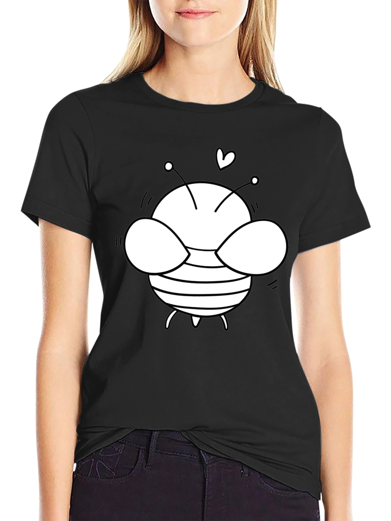 Cute Bee Graphic T-Shirt - Black Cotton Blend