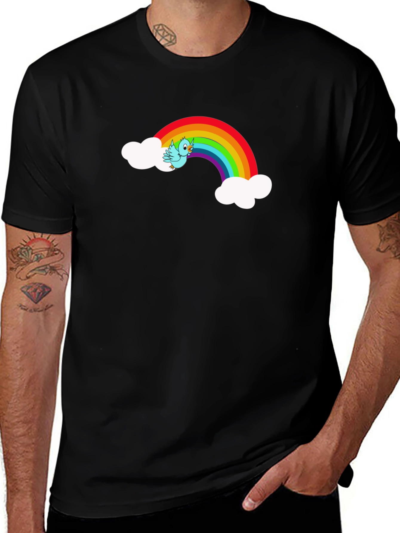 Rainbow Bird Graphic Black Tee Shirt