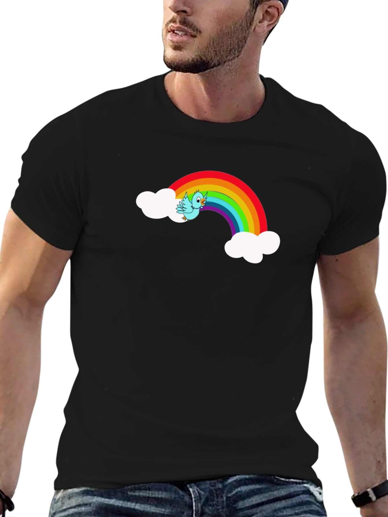 Rainbow Bird Graphic Black Tee Shirt