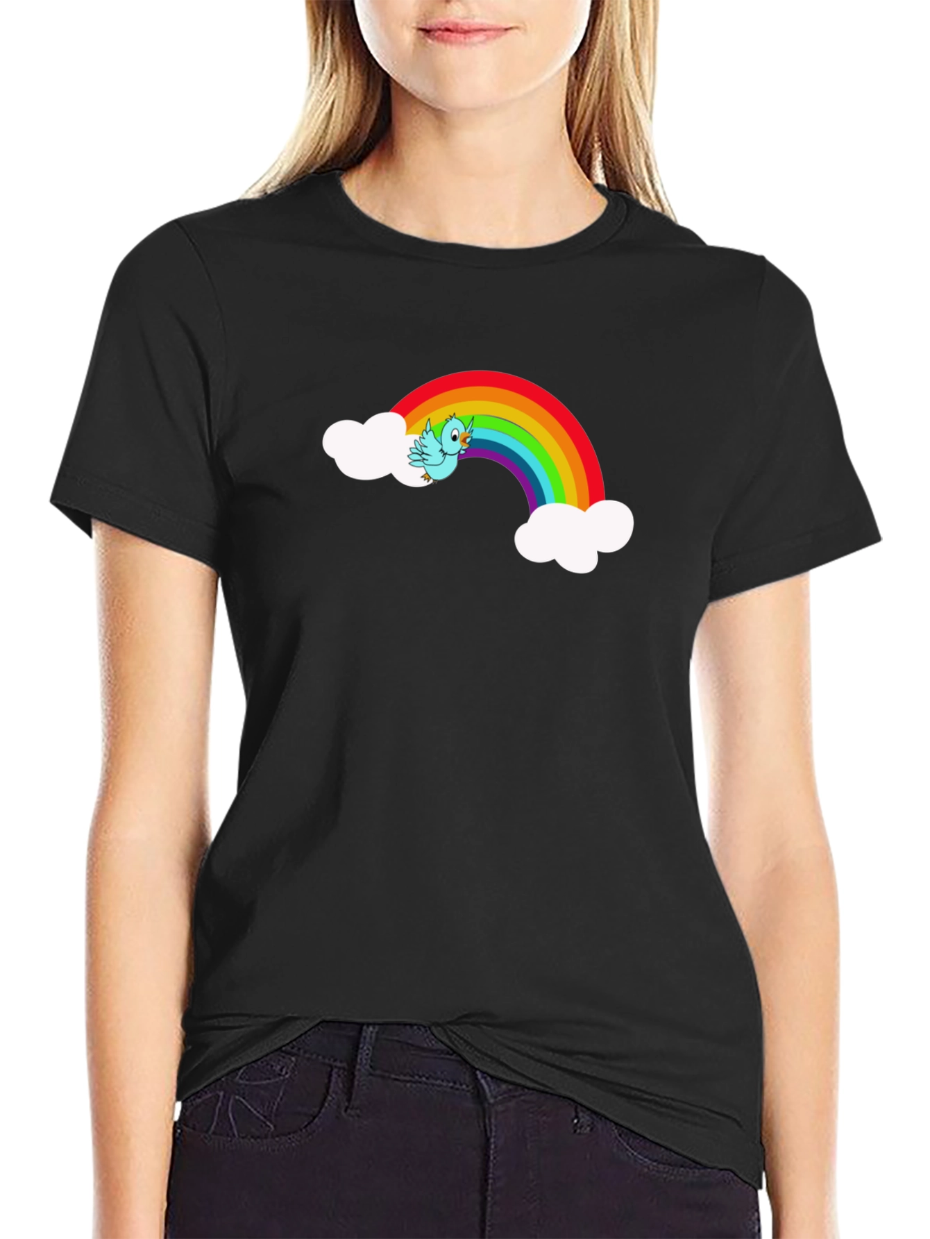 Rainbow Bird Graphic Black Tee Shirt