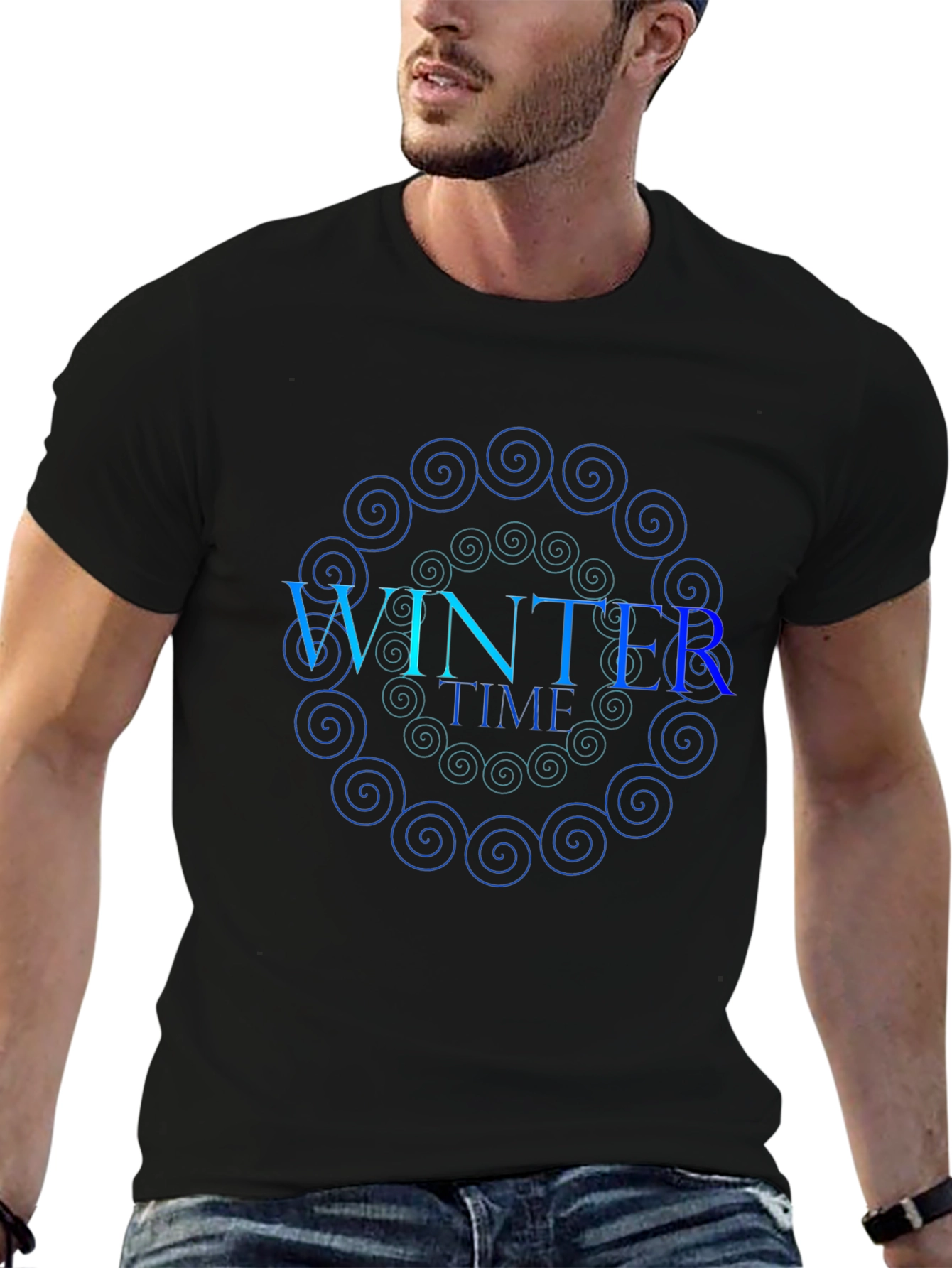 Winter Time Spiral Graphic Black T-Shirt