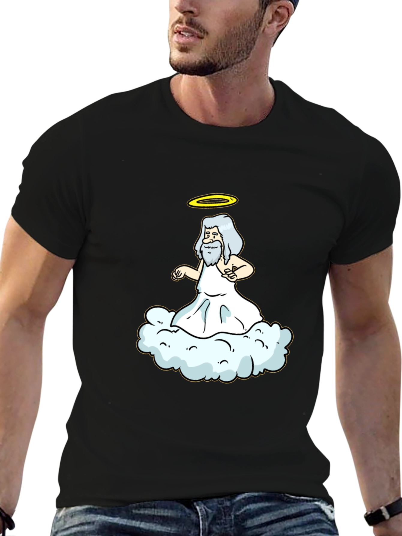 Cartoon God on Cloud Black T-Shirt