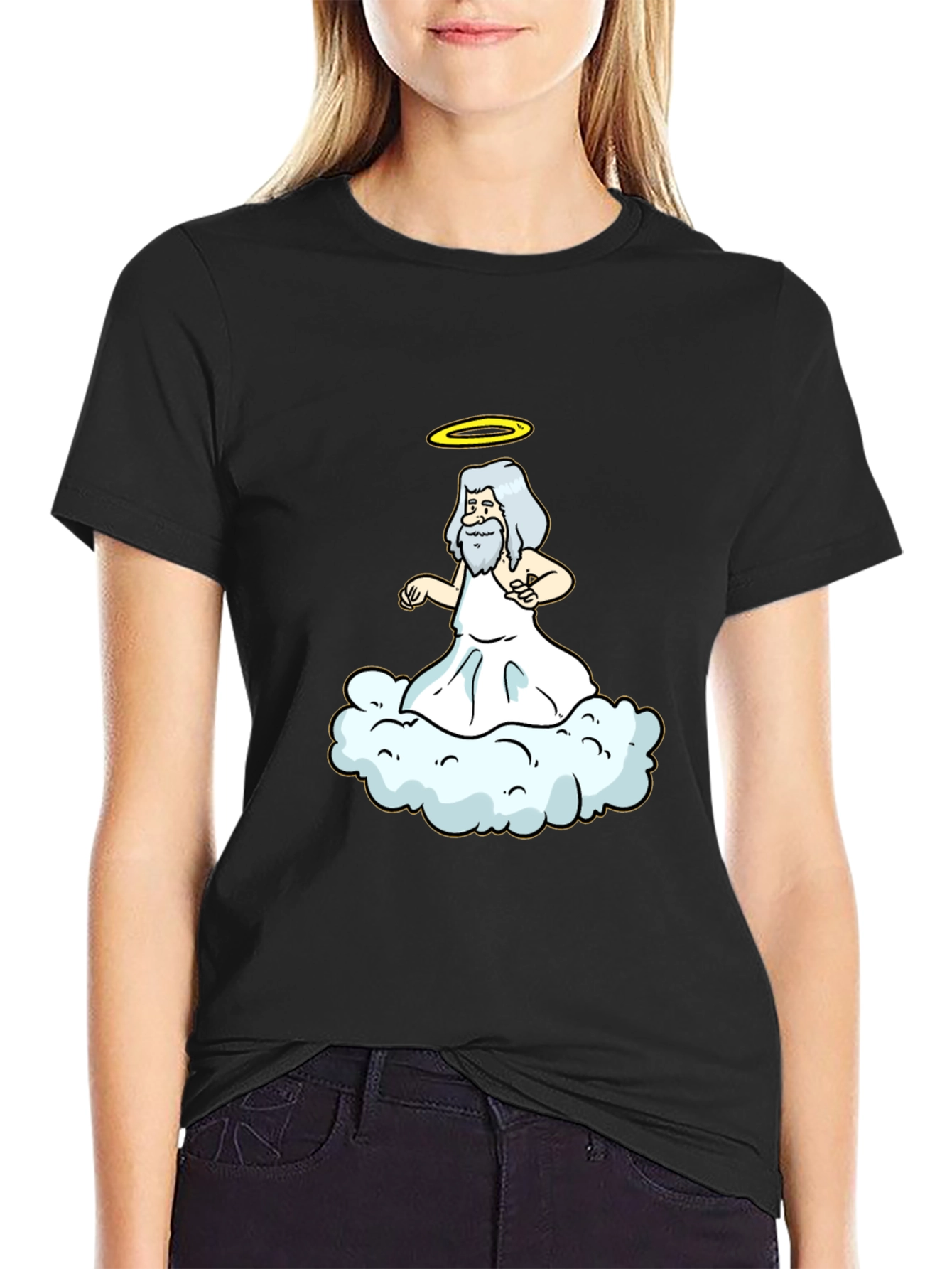 Cartoon God on Cloud Black T-Shirt