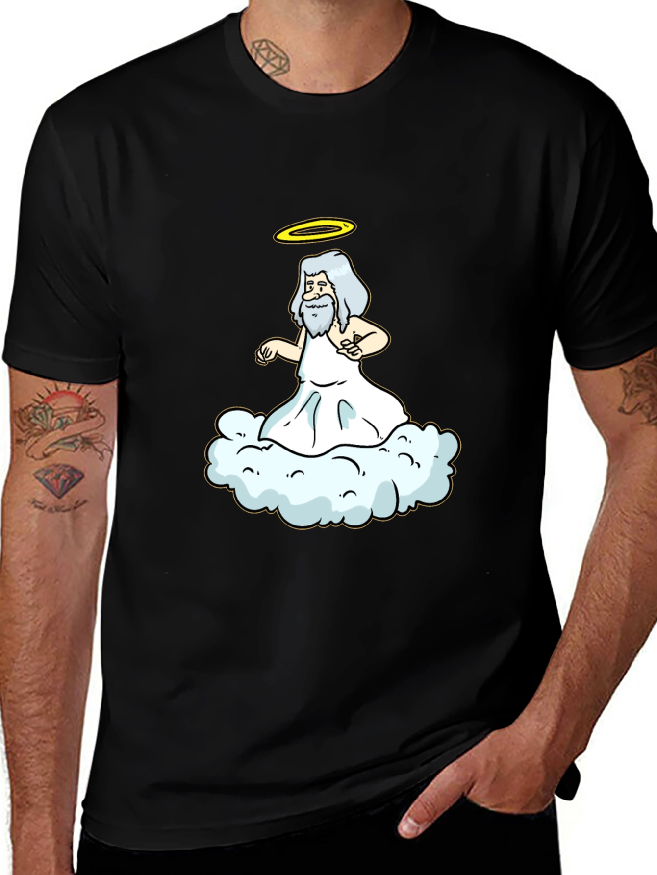 Cartoon God on Cloud Black T-Shirt