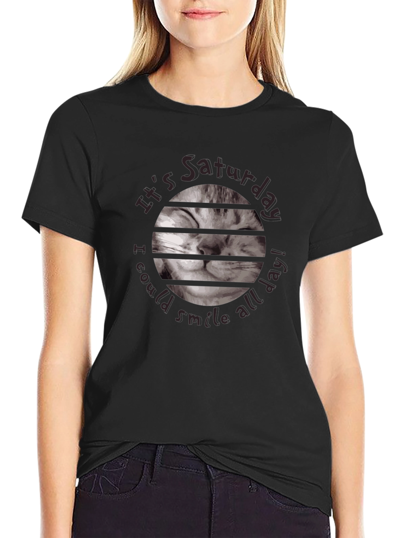 Saturday Cat Smile T-Shirt - Black