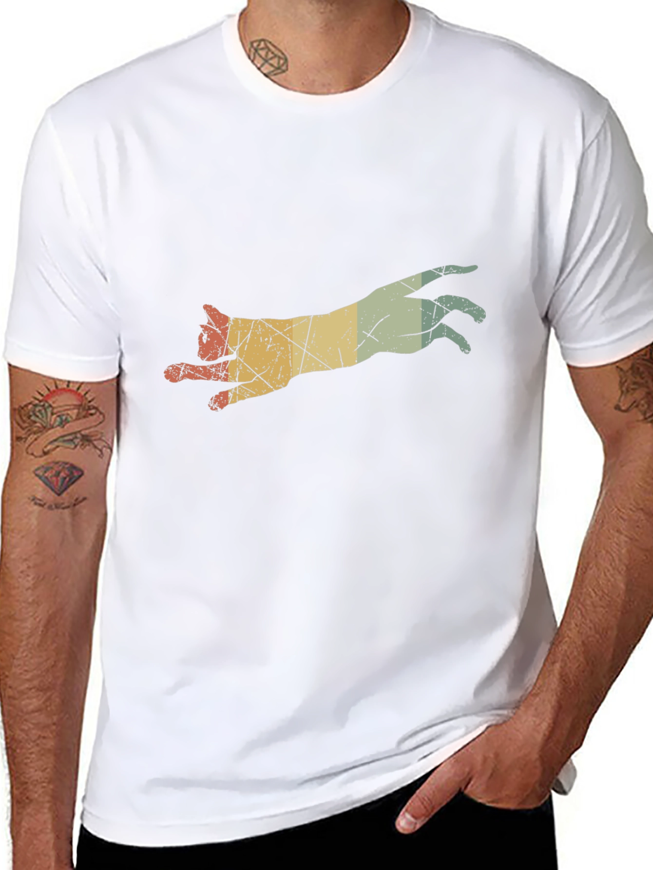 Retro Leaping Cat Graphic Tee - Black