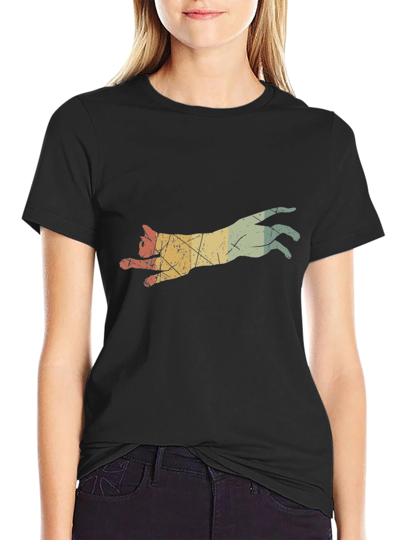 Retro Leaping Cat Graphic Tee - Black