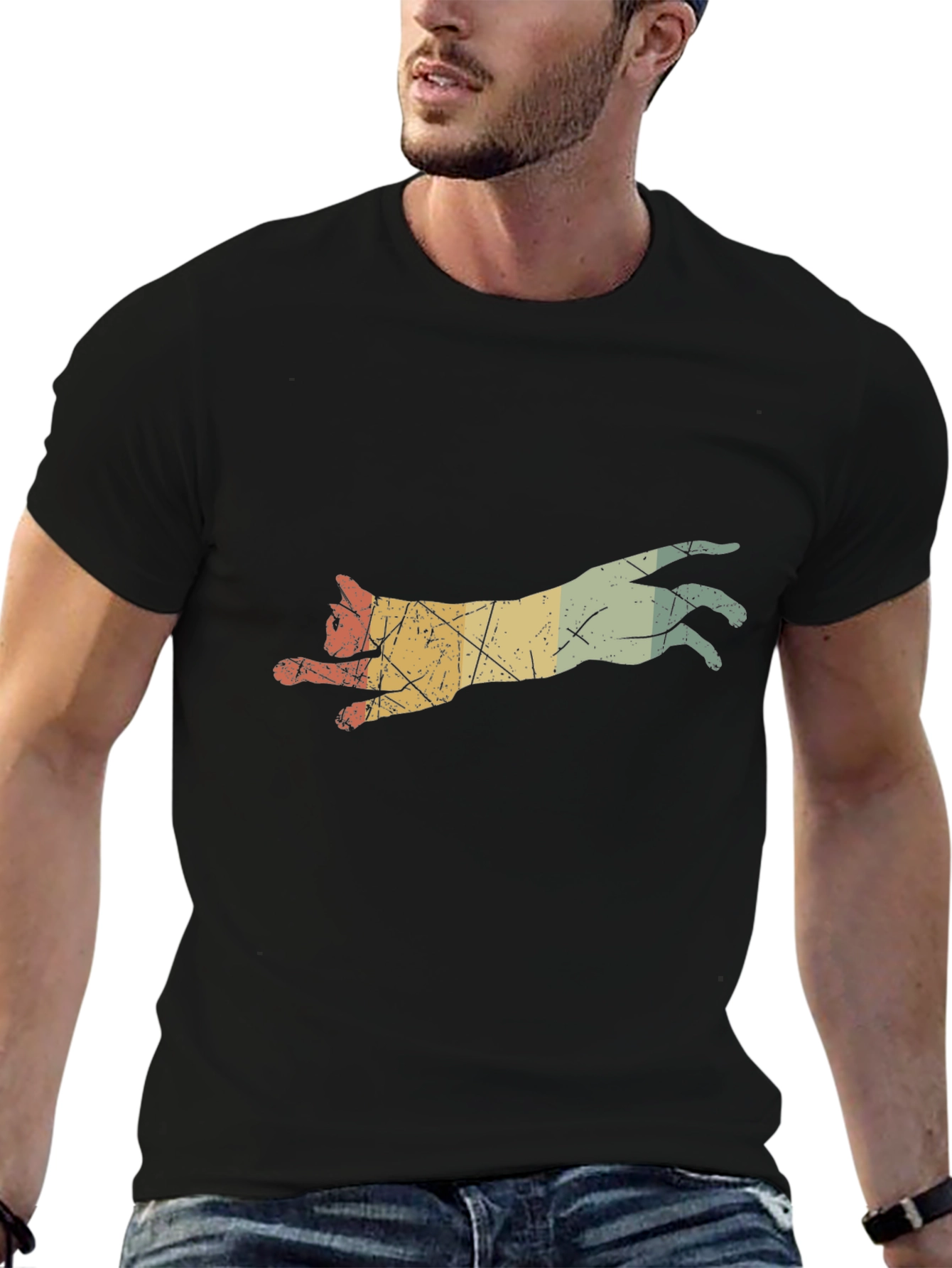 Retro Leaping Cat Graphic Tee - Black