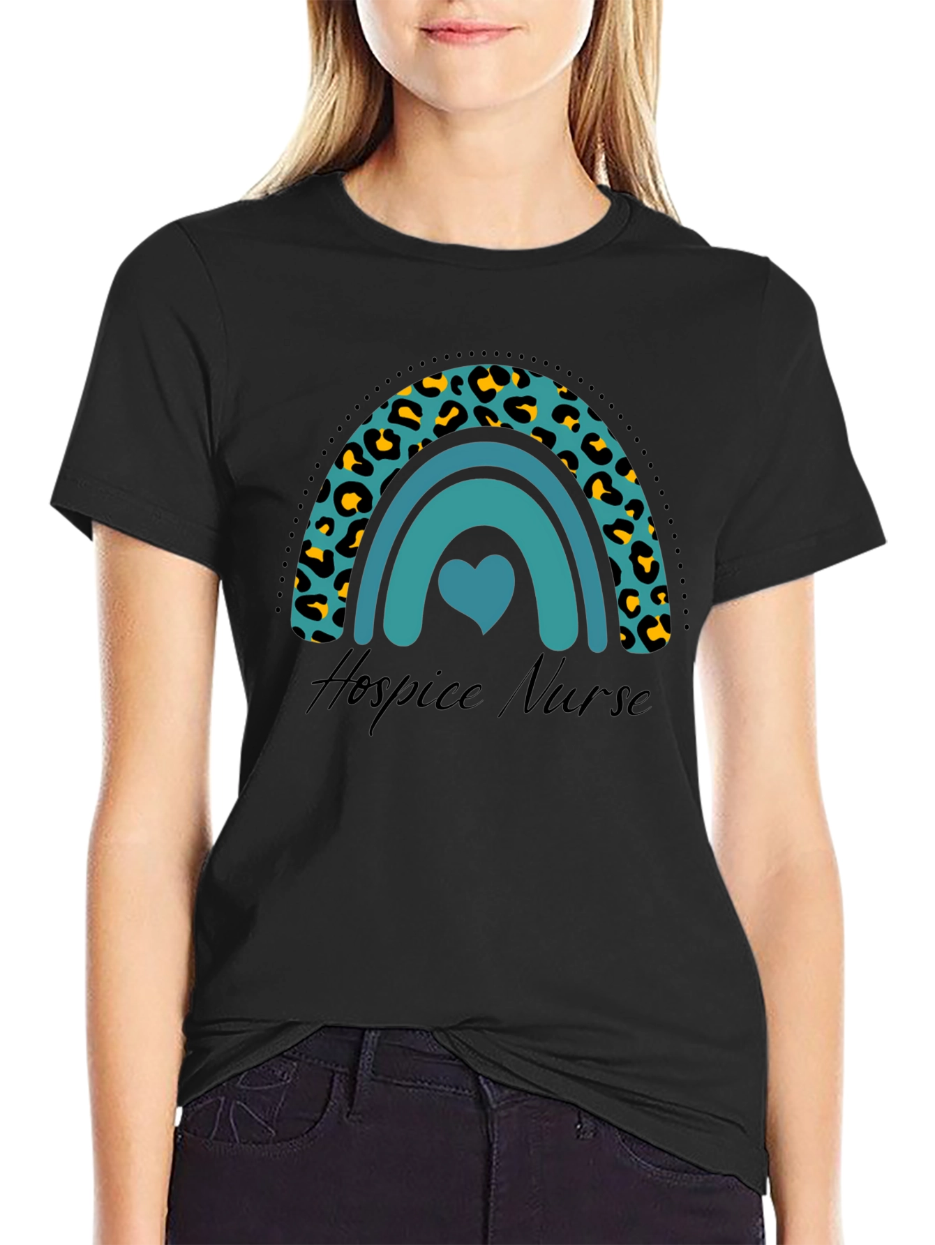 Hospice Nurse Rainbow Leopard Print Graphic T-Shirt