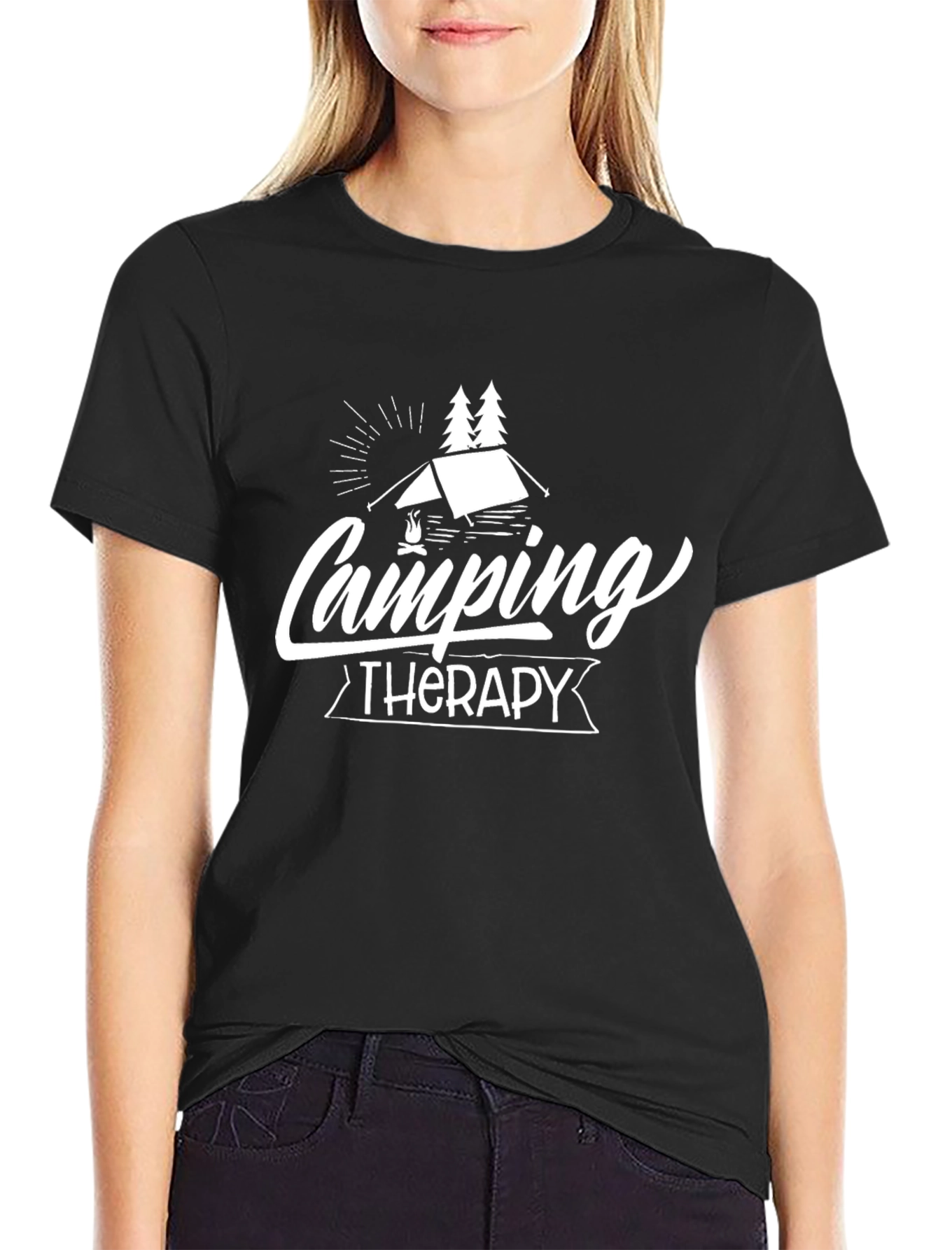 Camping Therapy Graphic Tee - Black Cotton T-Shirt