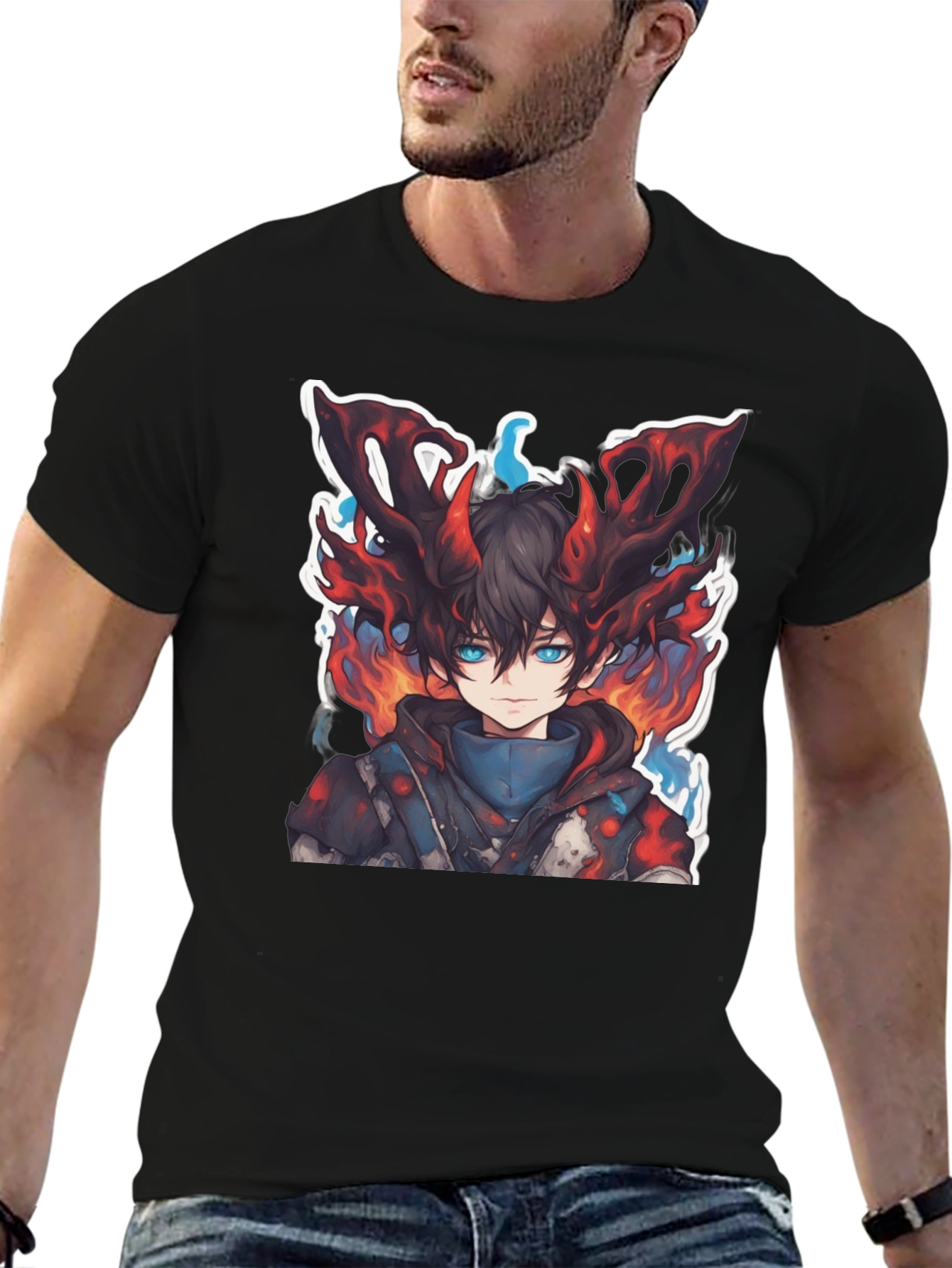 Anime Boy Graphic Tee - Fire Aura Design