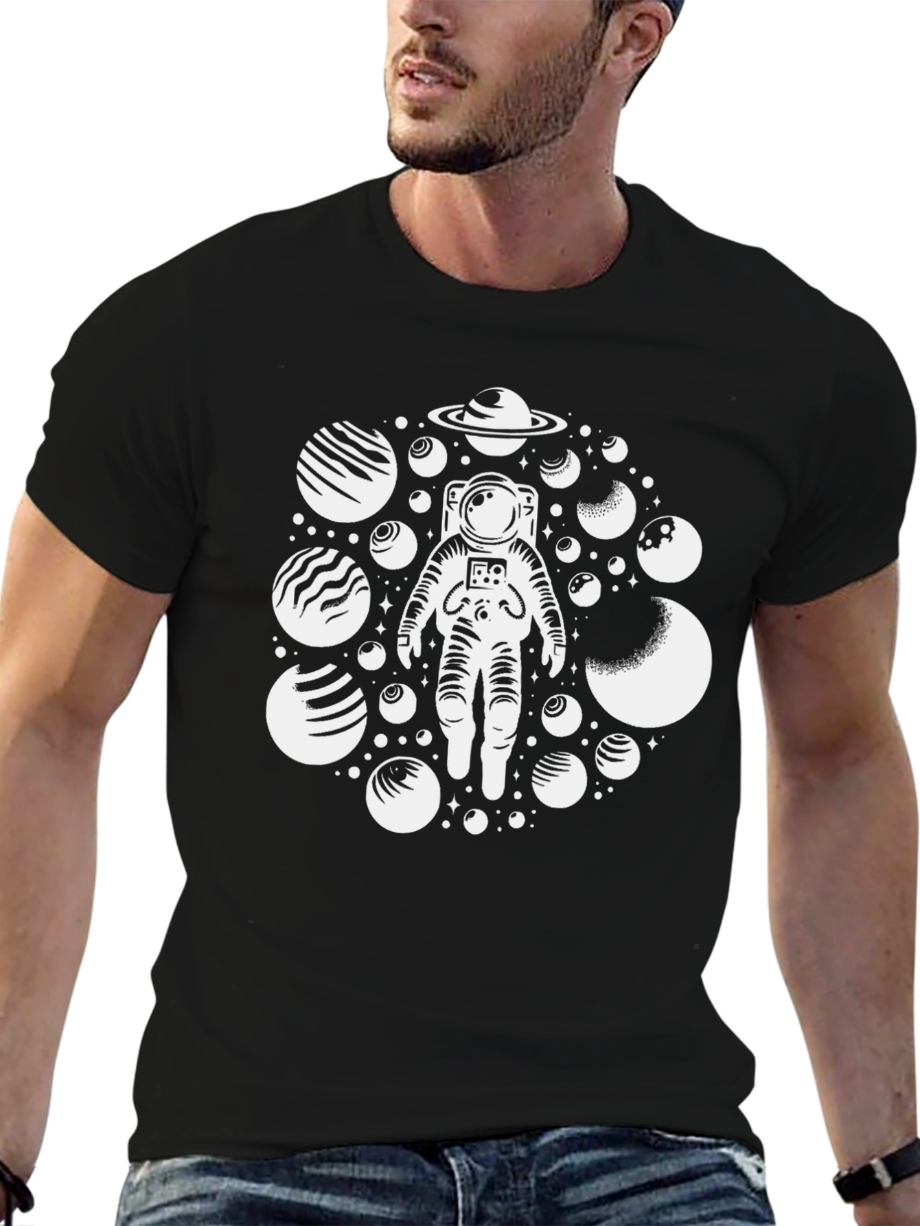 Astronaut & Planets Graphic Tee - Black Cotton