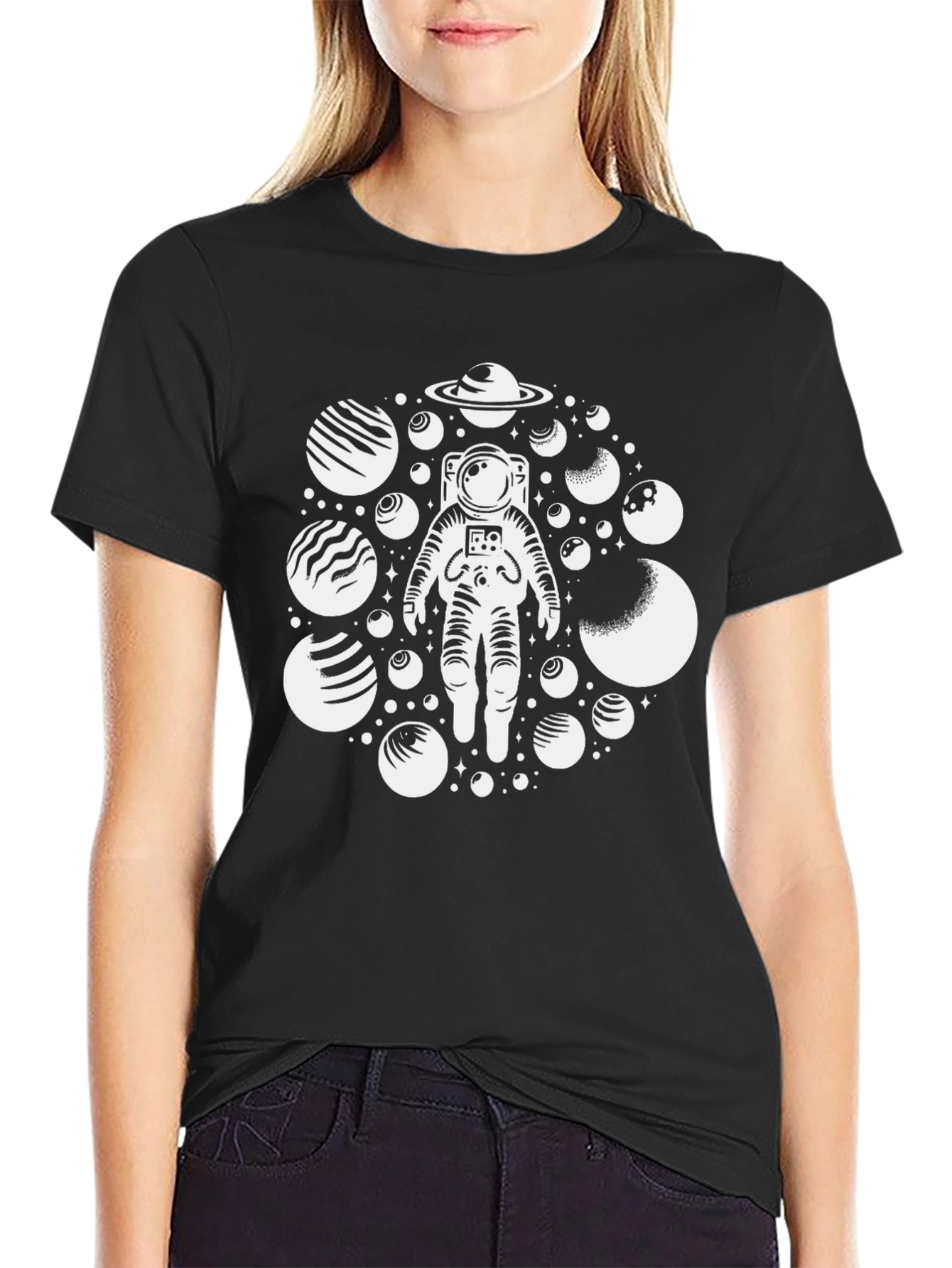 Astronaut & Planets Graphic Tee - Black Cotton