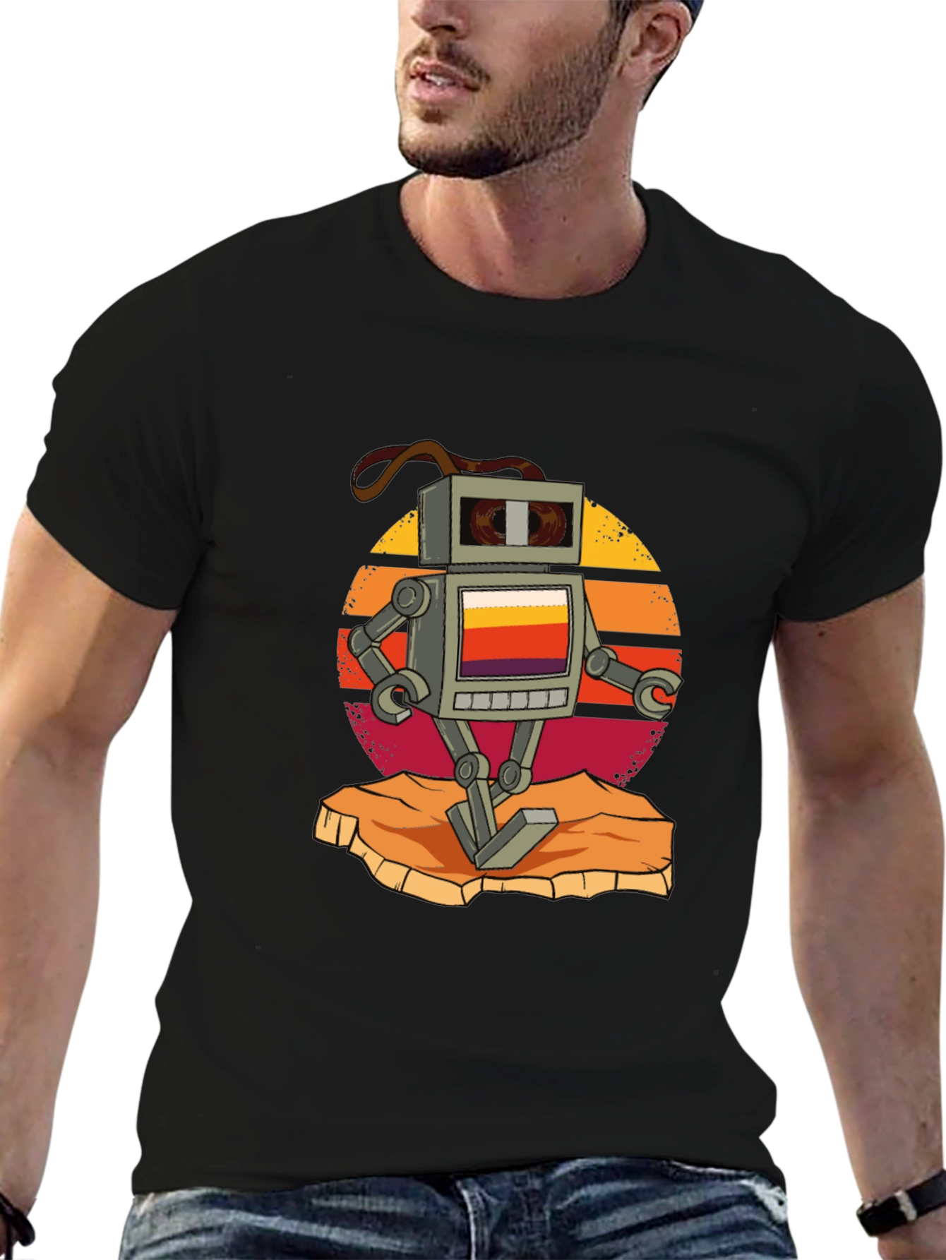 Retro Robot Graphic Tee - Black Cotton T-Shirt