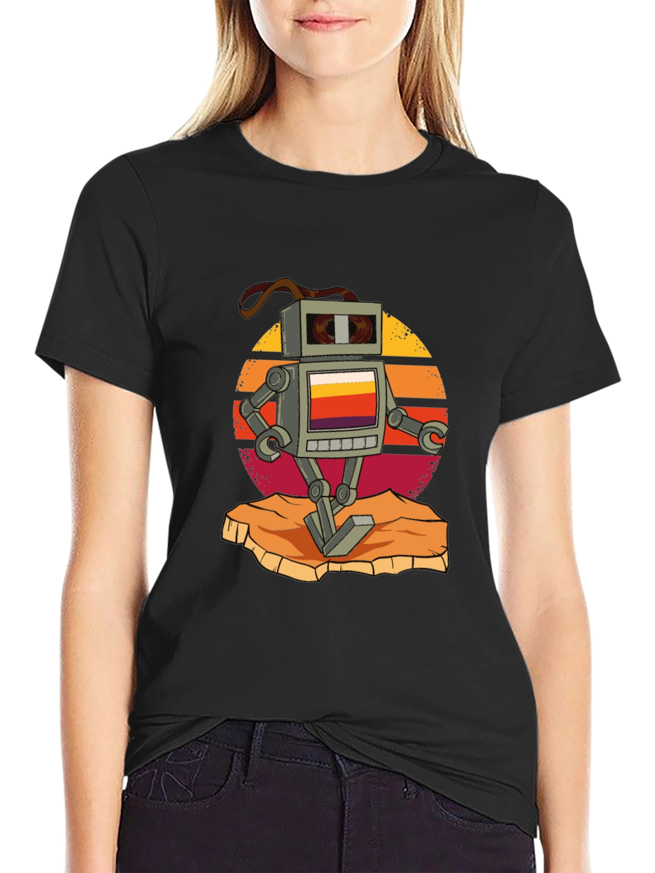 Retro Robot Graphic Tee - Black Cotton T-Shirt