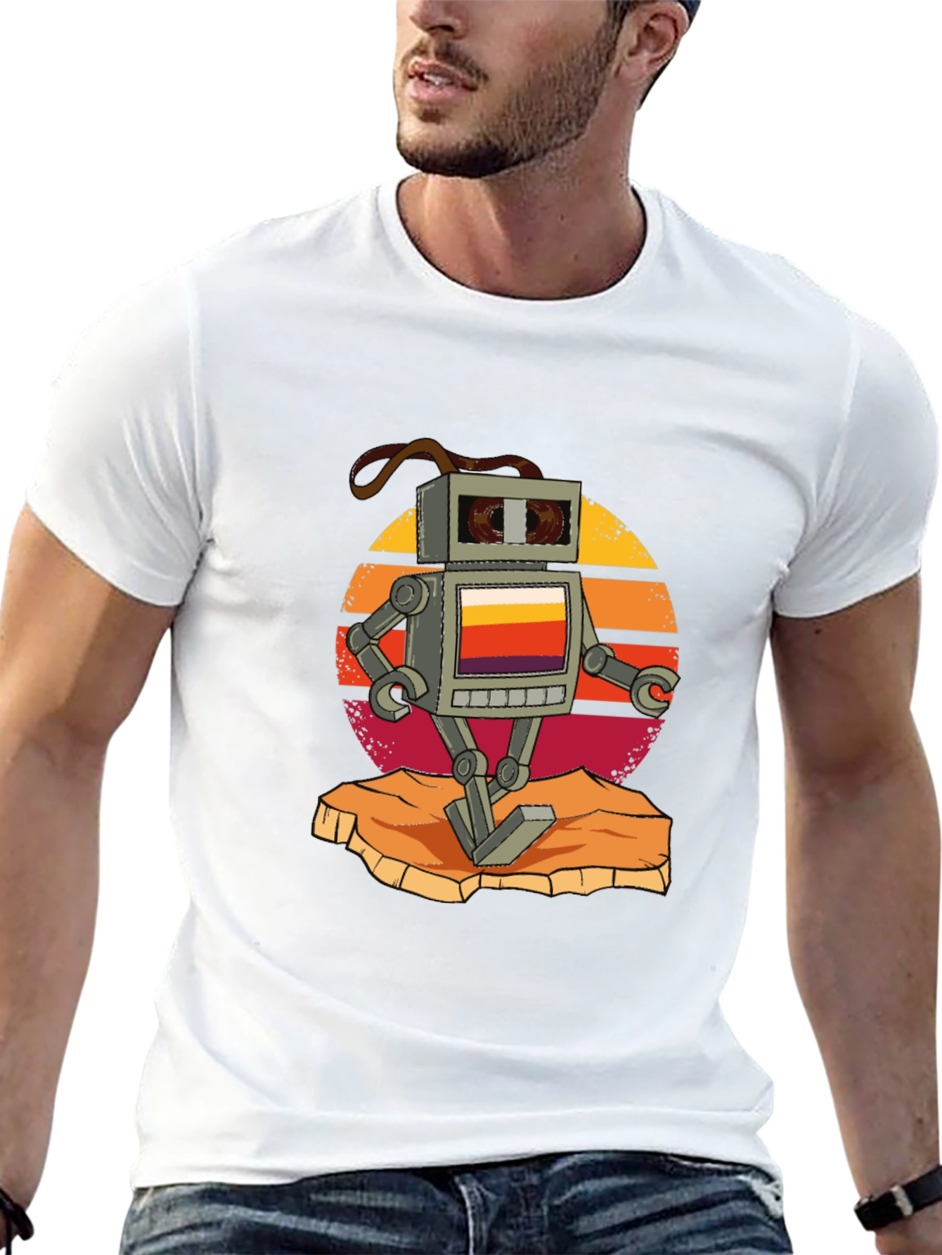 Retro Robot Graphic Tee - Black Cotton T-Shirt