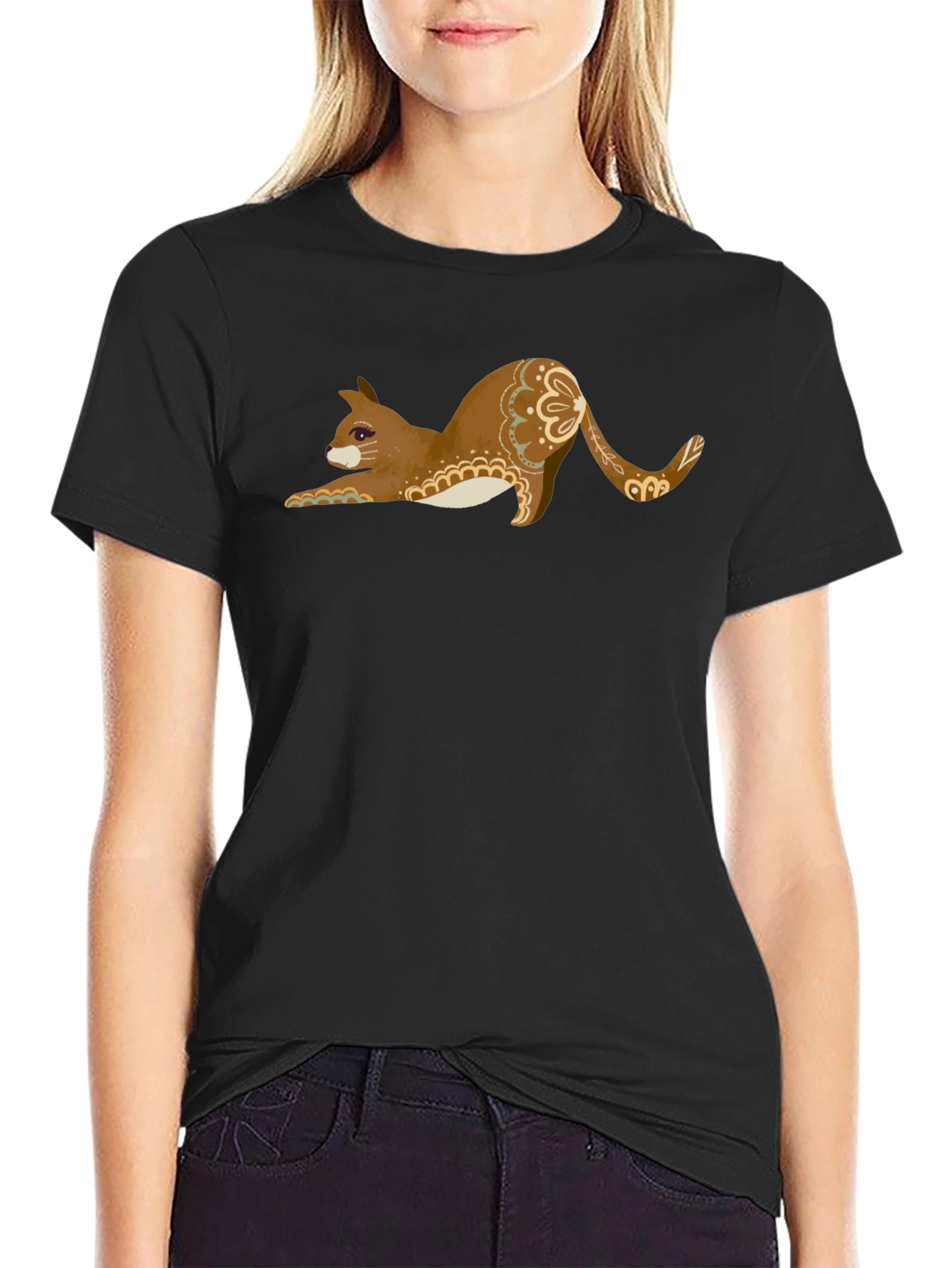 Stretching Cat Graphic Tee - Black Cotton T-Shirt