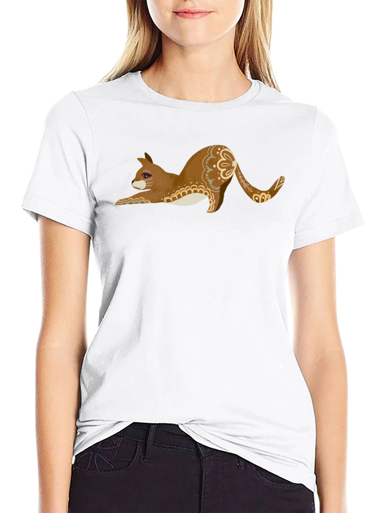 Stretching Cat Graphic Tee - Black Cotton T-Shirt