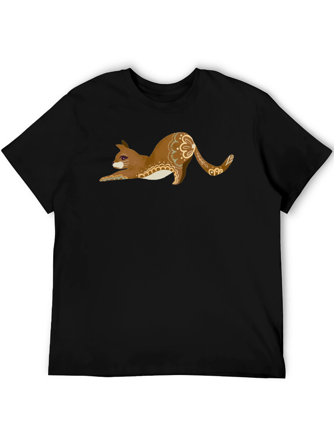 Stretching Cat Graphic Tee - Black Cotton T-Shirt