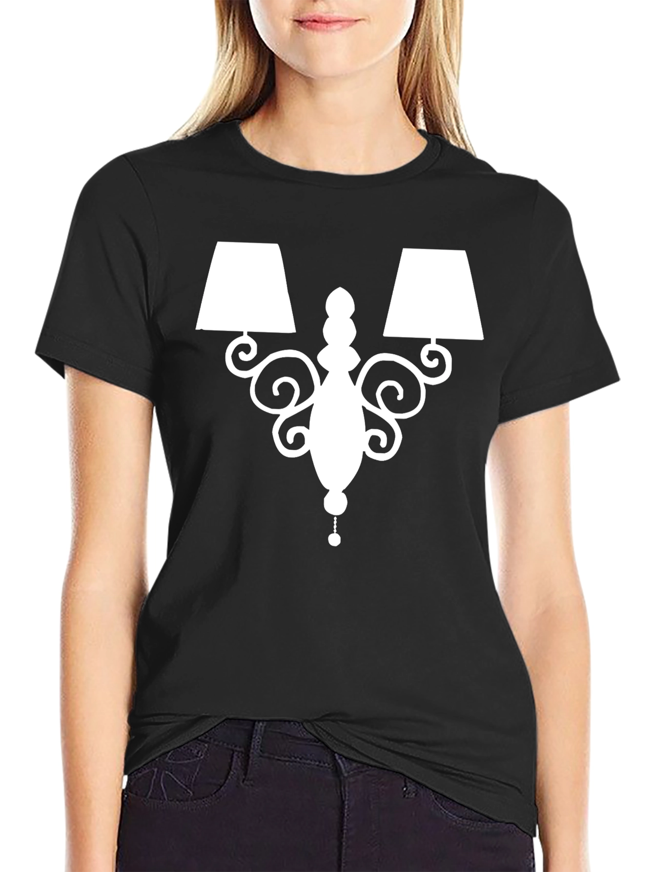 Elegant Lamp Graphic Tee - Soft Black Cotton Shirt
